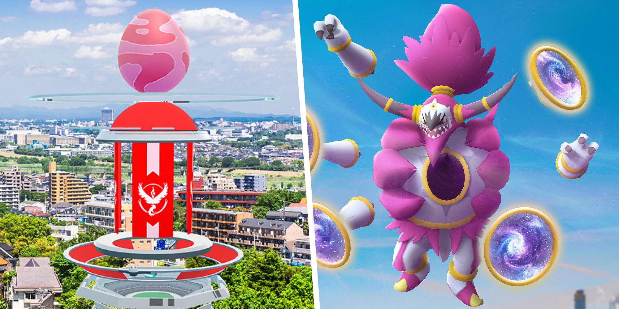 Image of a Pokemon Go Raid in a city split with an image of Hoopa Unbound from Pokemon
