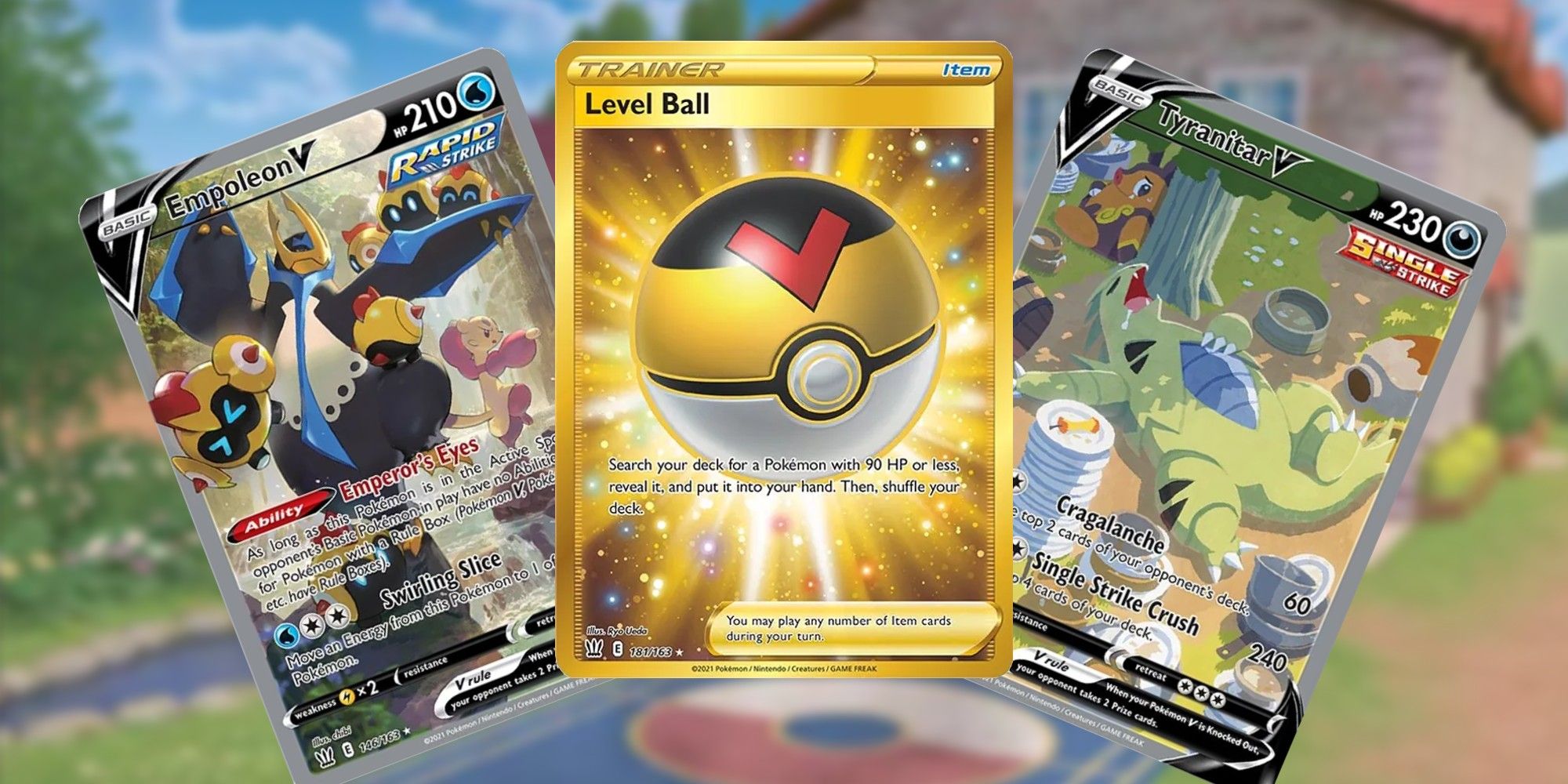 Pokemon TCG: Most Valuable Battle Styles Cards Feature Image: Empoleon V Alt Art, Level Ball and Tyranitar V Alt Art