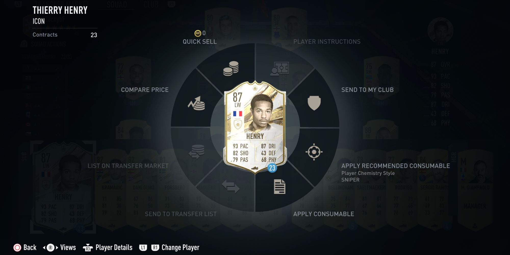 A loan version of Thierry Henry in the FUT team menu for FIFA 23.