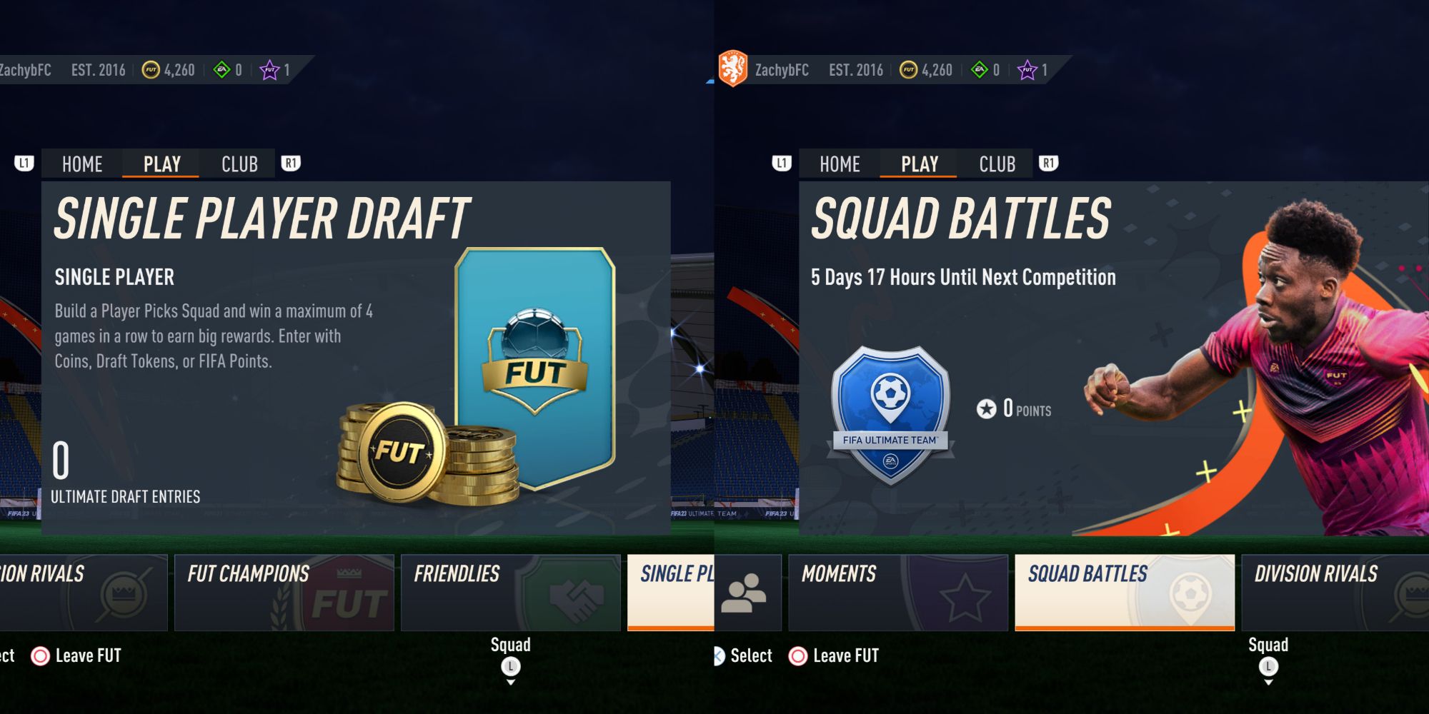 Single Player Draft and Squad Battles display screens in FIFA 23.