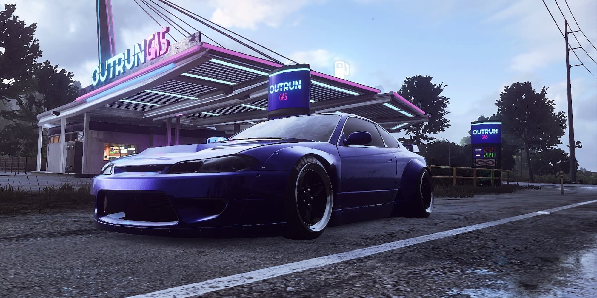A car sits outside of a Farview Fields gas station in Need for Speed Heat