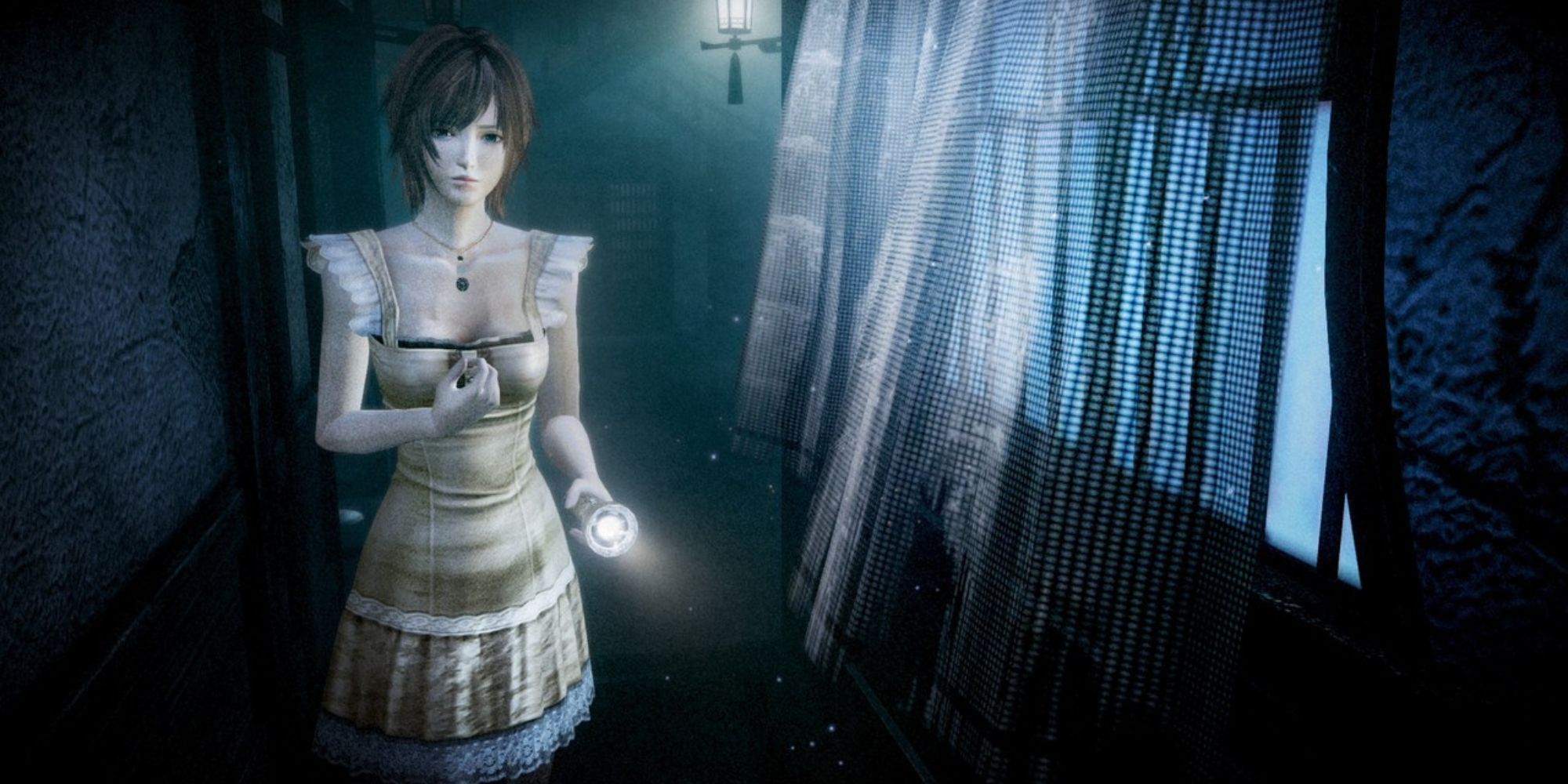 Ruka Minazuki holds a flashlight in a dark hallway