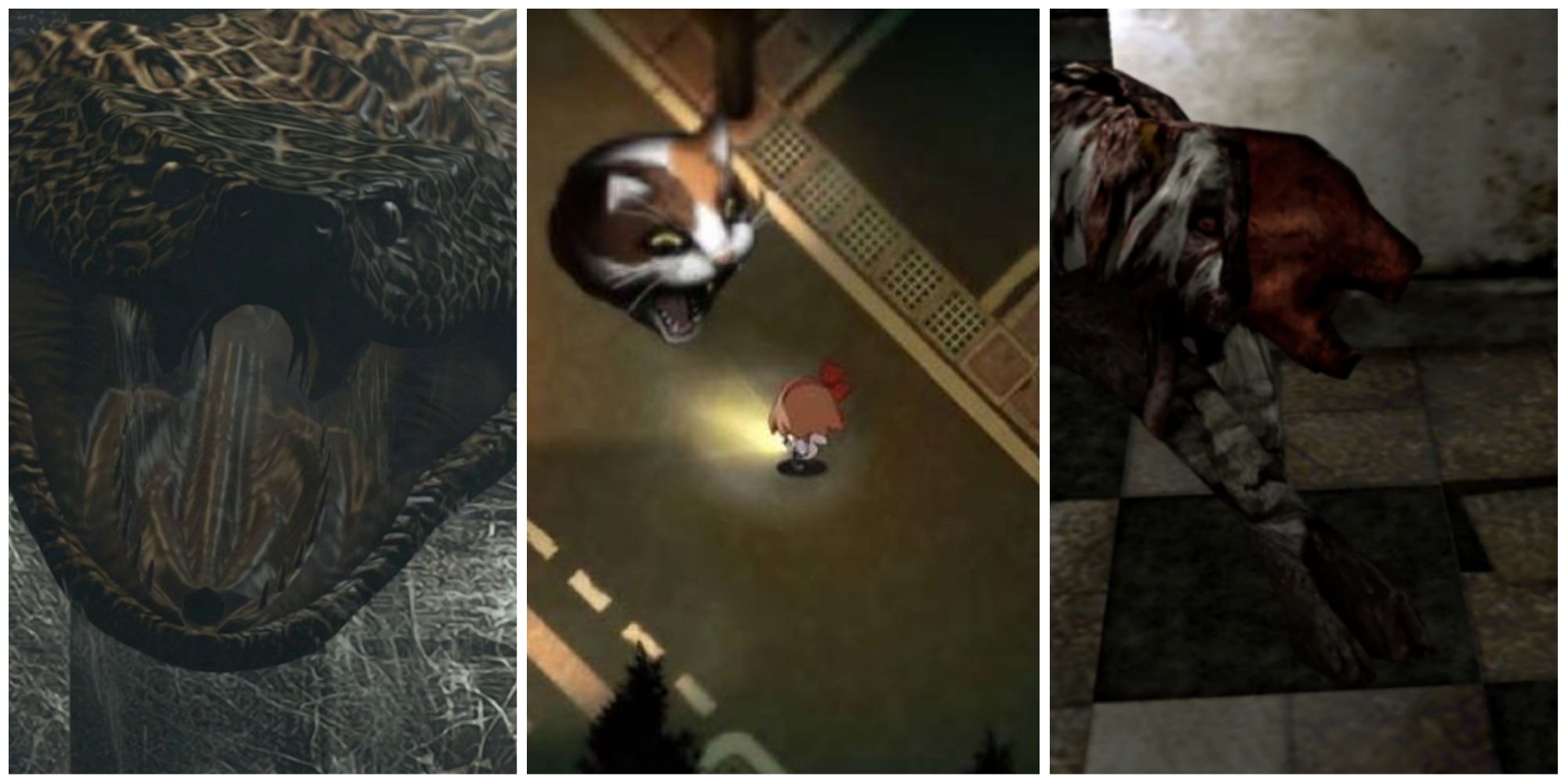 Split image screenshots of Yawn from Resident Evil, Monster Cat from Yomawari and Double Head from Silent Hill 3.