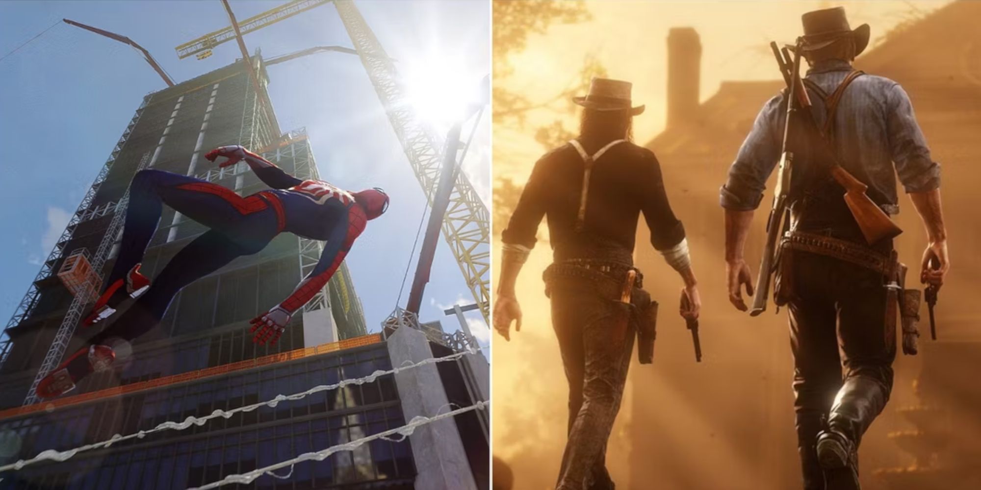 Split image screenshots of Spider-Man and Red Dead Redemption 2.