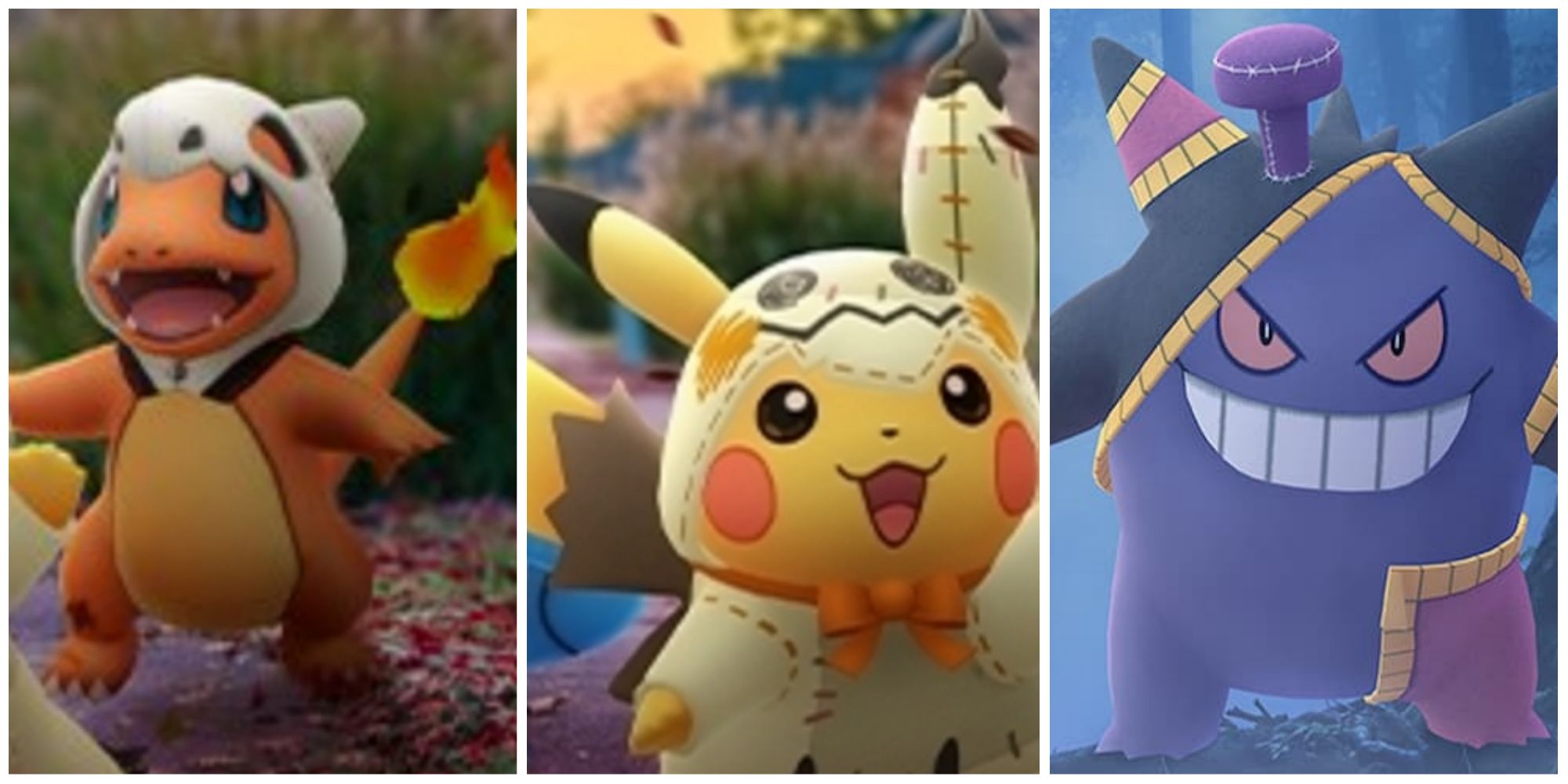 Split image screenshots of Cubone-Costumed Charmander, Mimikyu Costume Pikachu, and Mega Banette Costume Gengar in Pokemon Go.