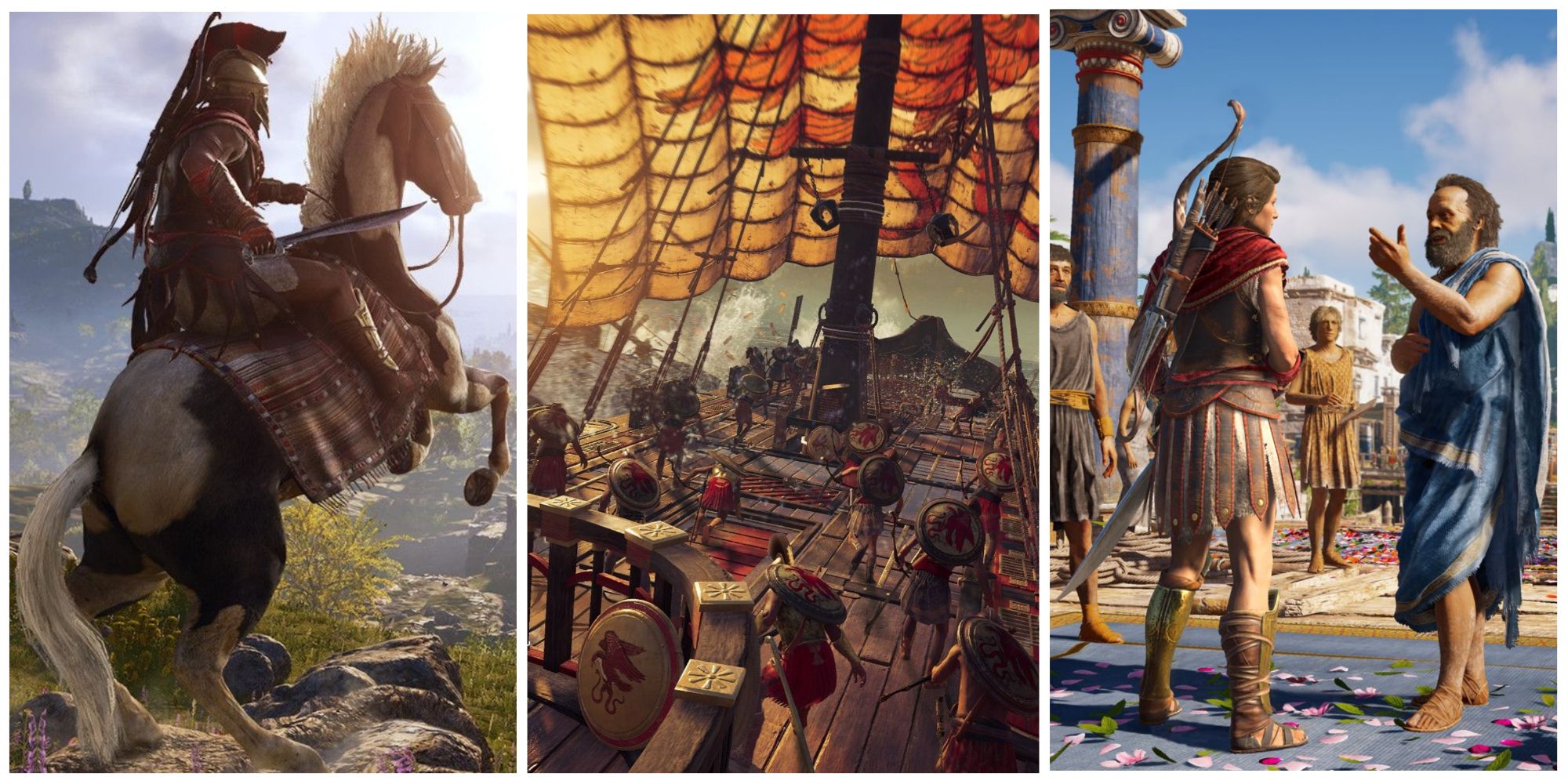 Split image of Assassin's Creed Odyssey: a horse, a ship, a conversation