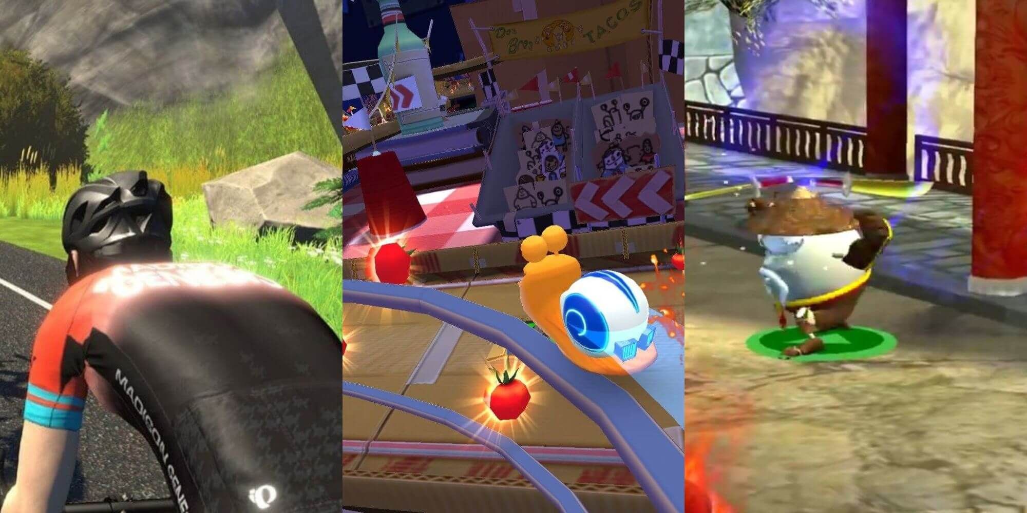split image of a cyclist, a snail racing, and Shrek SuperSlam gameplay