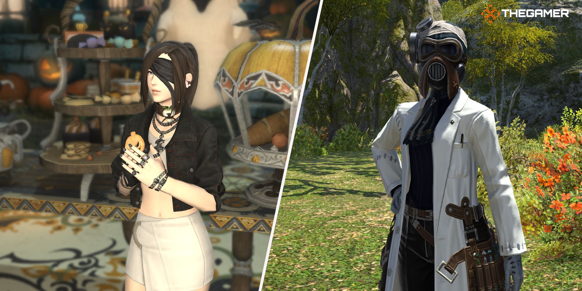 Final Fantasy 14 All Saints Wake collage - player eating a cookie and new wake doctor gear