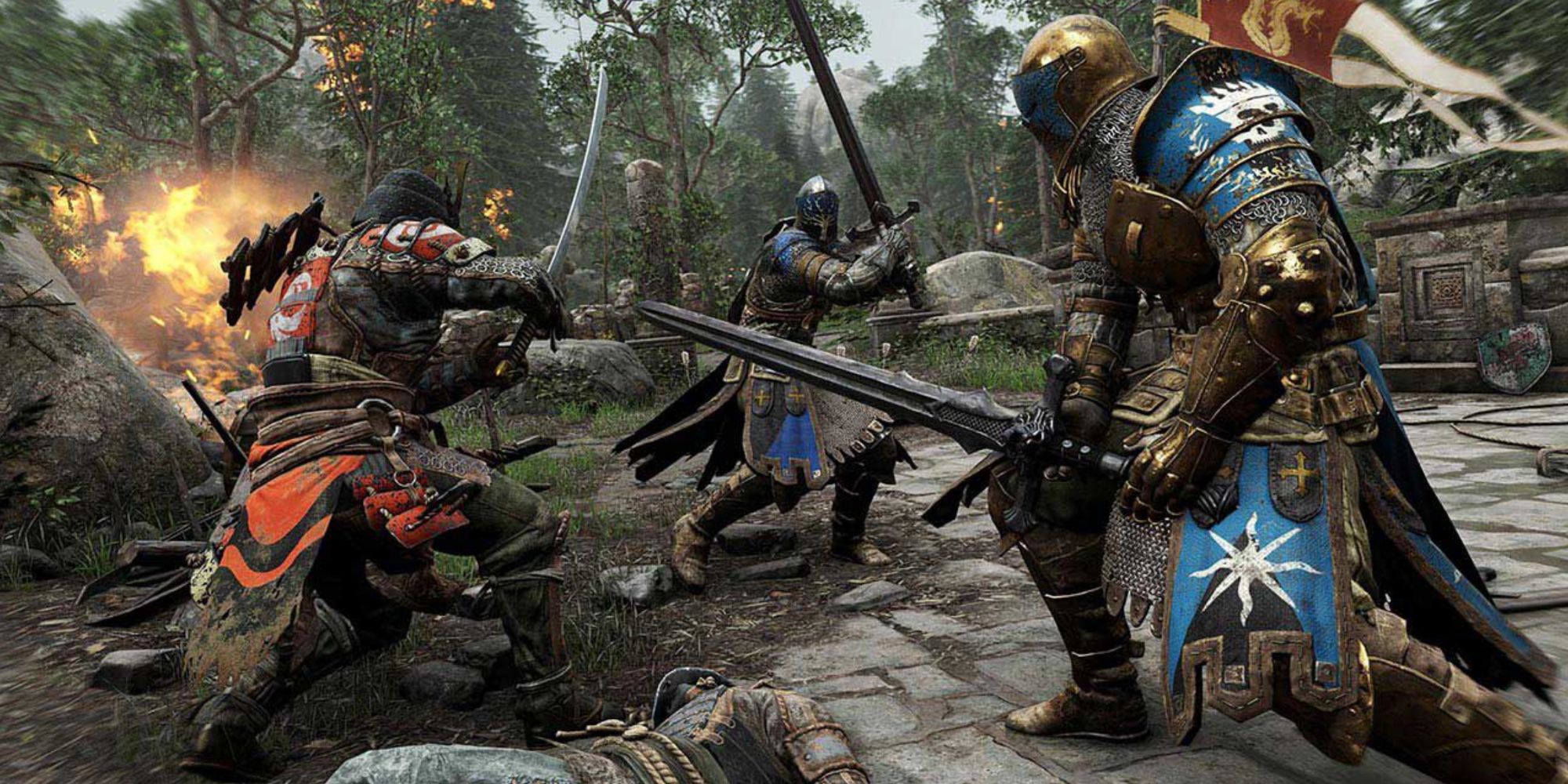 Two factions fighting in a 2v1 engagement in For Honor