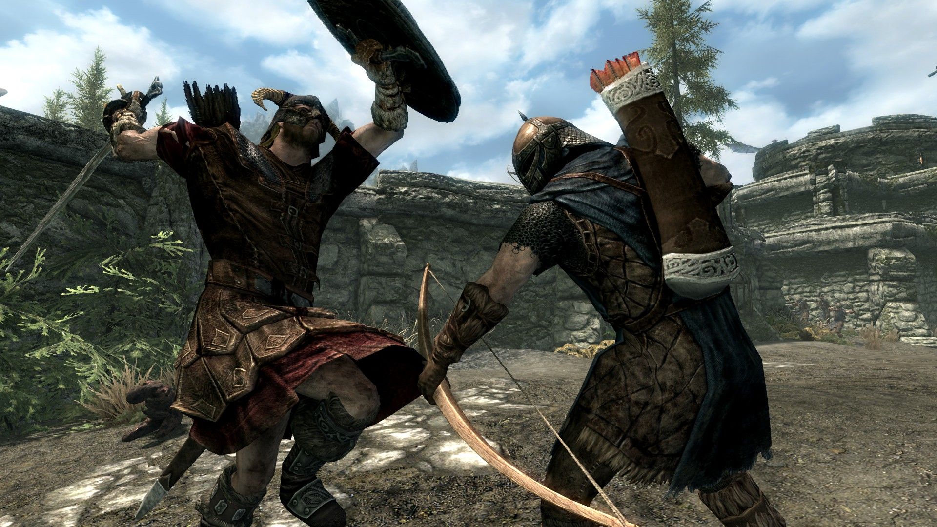 A man leaps into the air to slice an enemy archer inside a stone fortress
