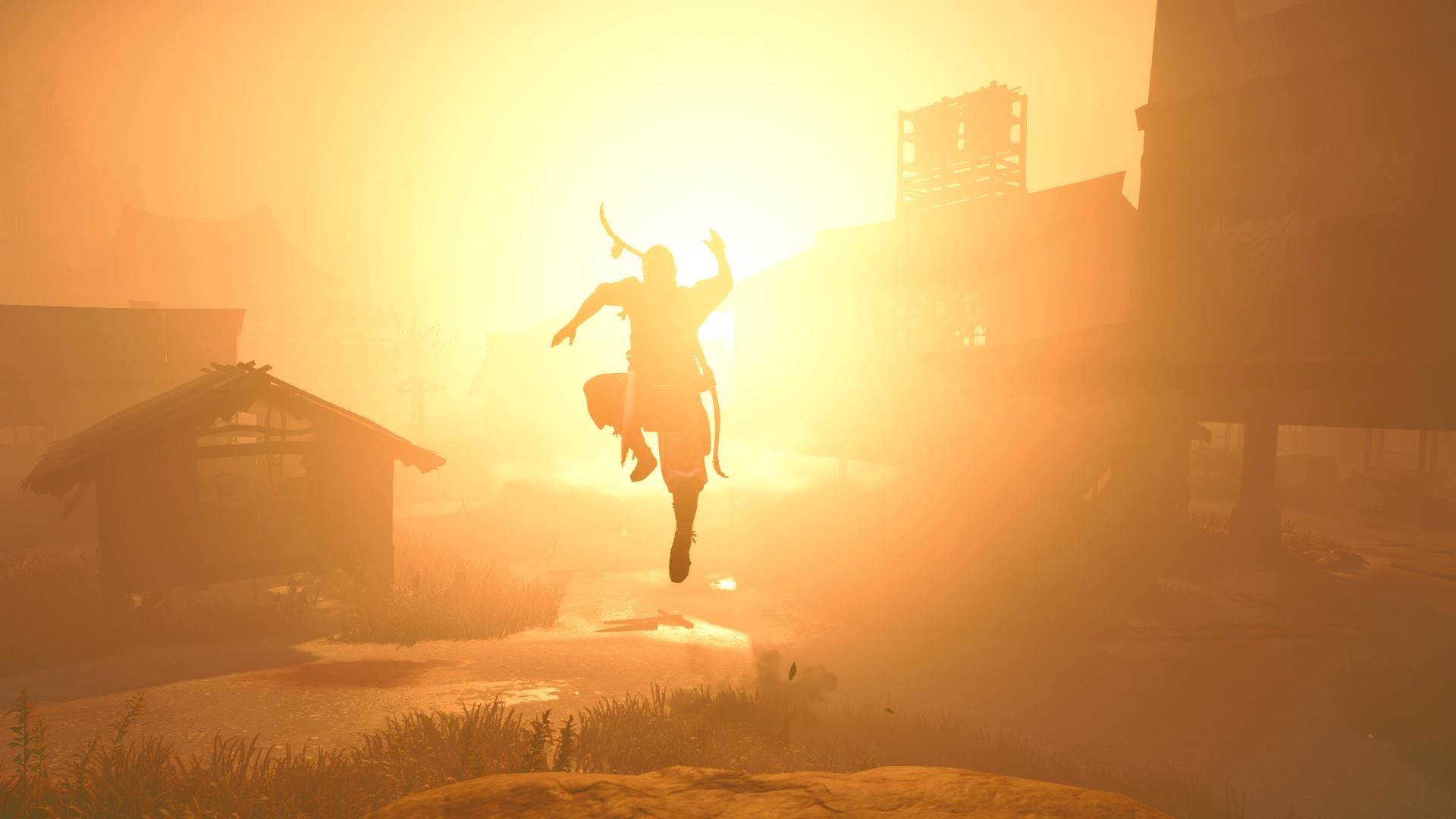 Ghost of Tsushima Jin jumping in sunset
