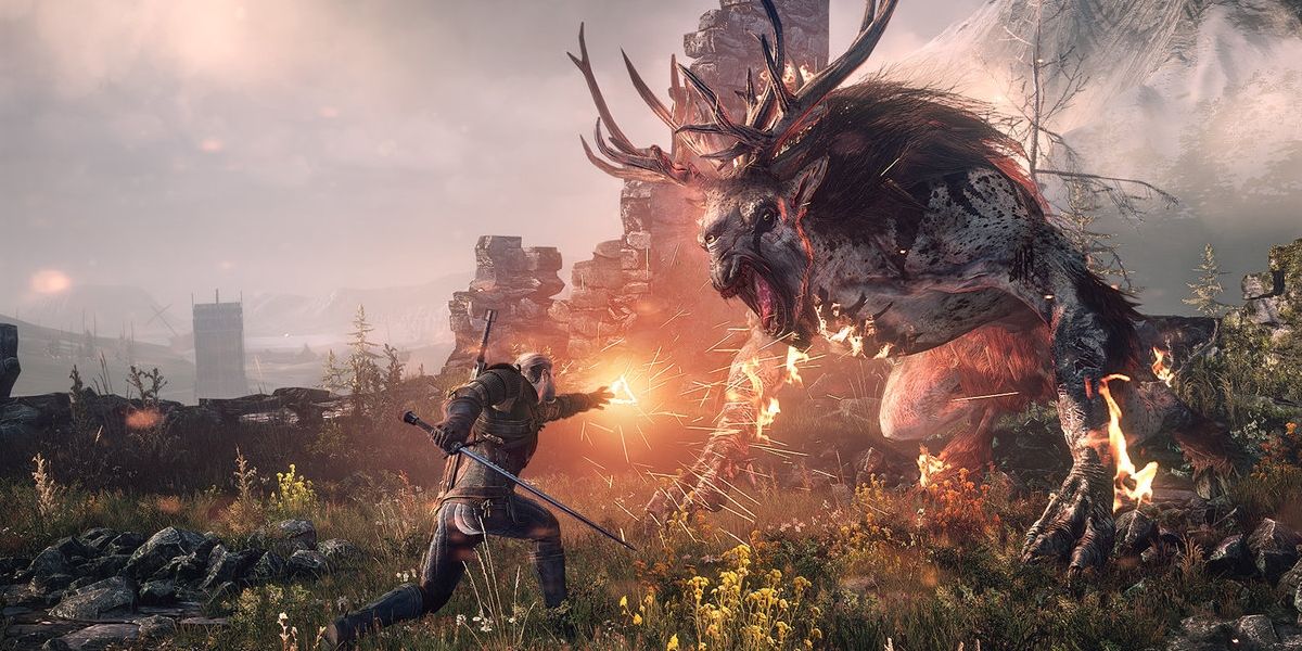 Geralt attacking a horned enemy with magic in The Witcher 3 Wild Hunt