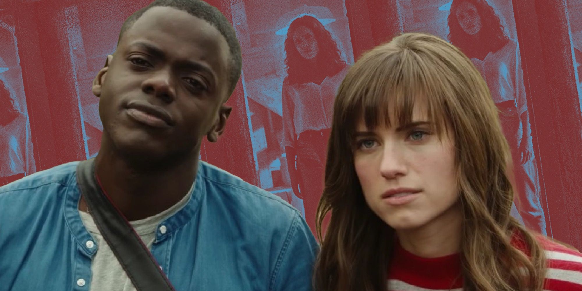 Get Out's Chris and Rose against a bacground with a faded version of the Barbarian poster art.