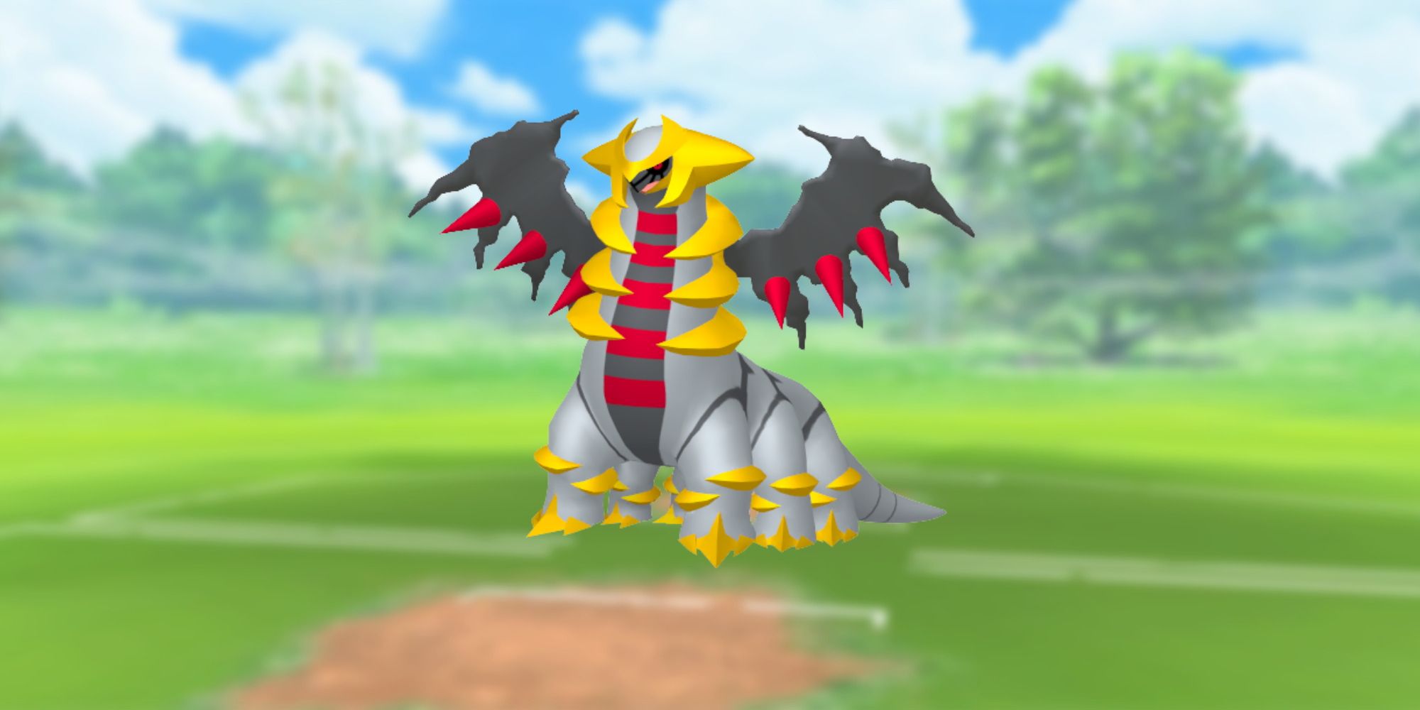 Giratina from Pokemon with the Pokemon Go battlefield as the background