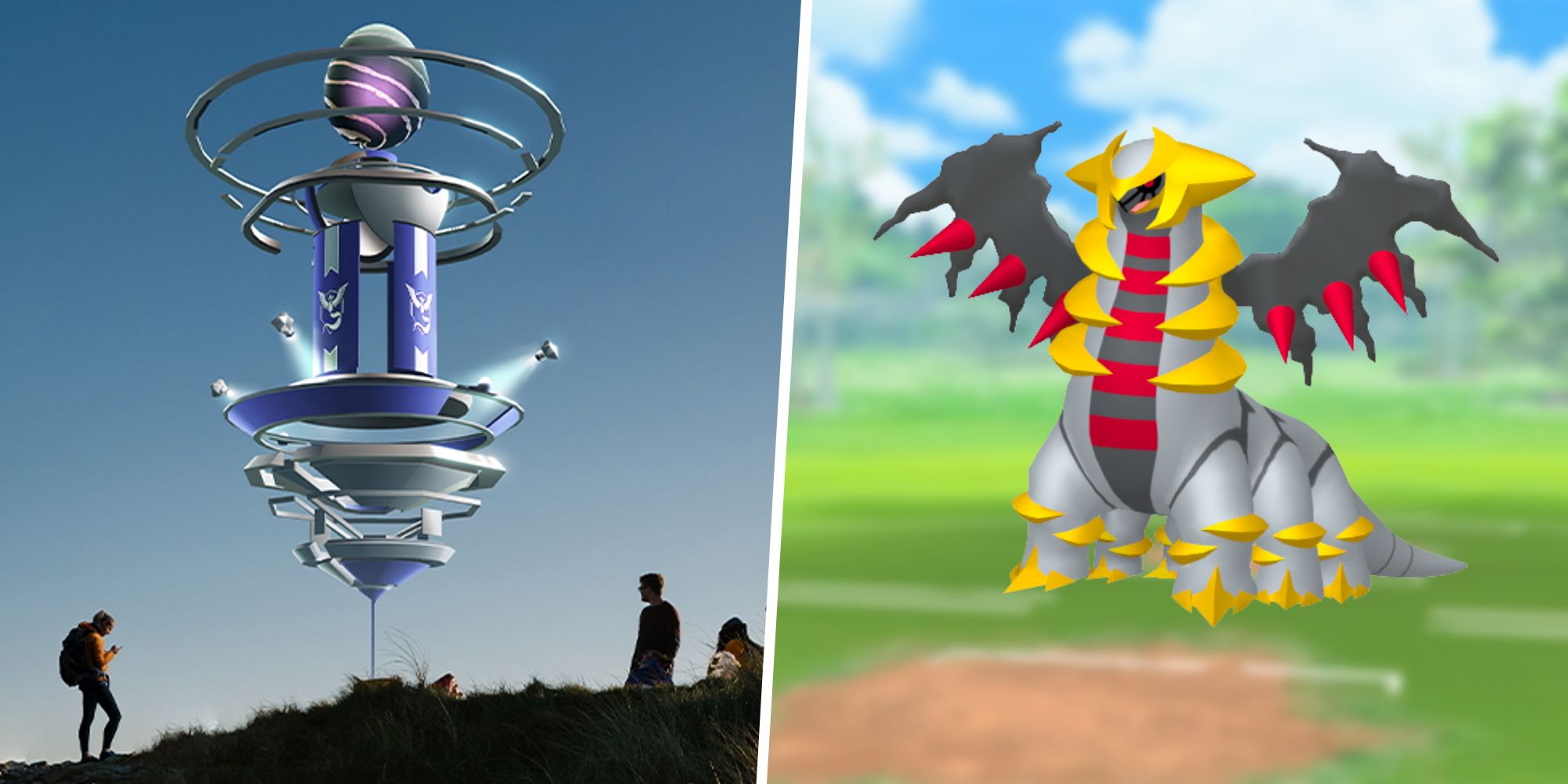 Image of a Pokemon Go Raid split with an image of Giratina from Pokemon