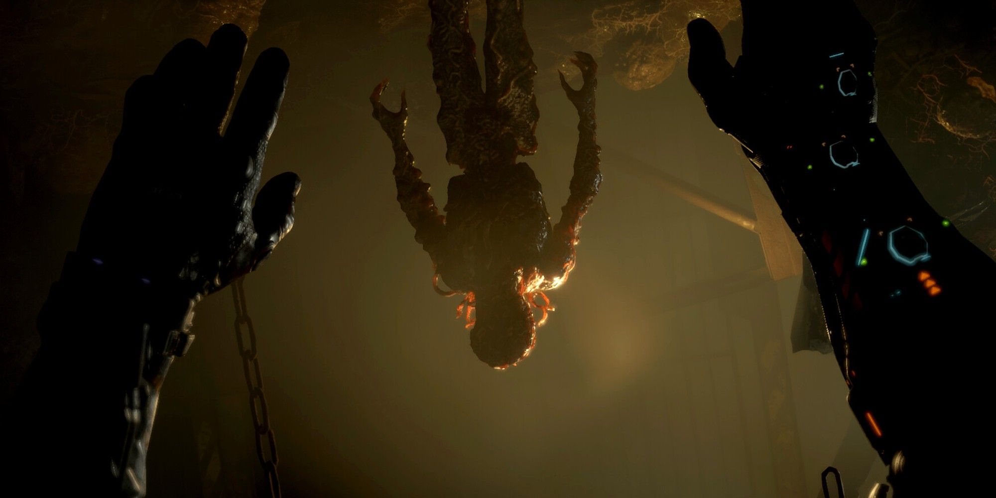 The Callisto Protocol - Jaco hanging upside own while a creature walks towards him