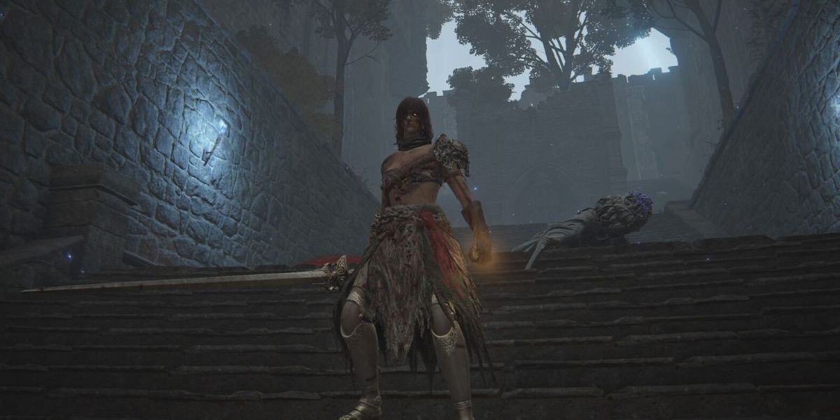 Player holding the Godskin Stitcher weapon on a large staircase in Elden Ring 