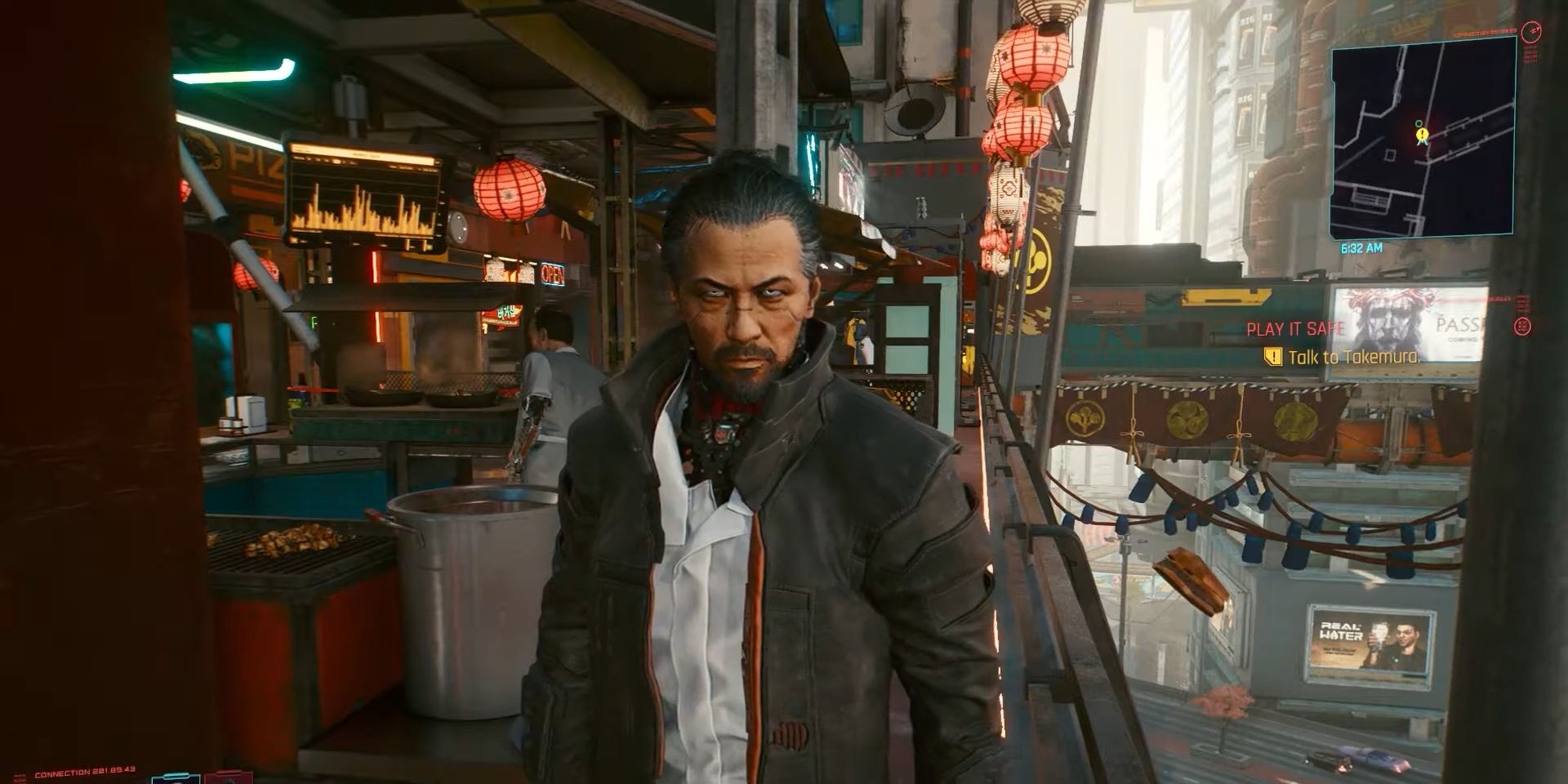 Screenshot of V conversing with Goro in Cyberpunk 2077.