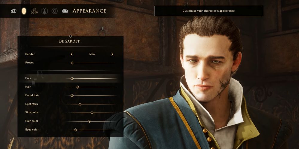 Editing a male De Sardet's facial features from the character creator screen in GreedFall.