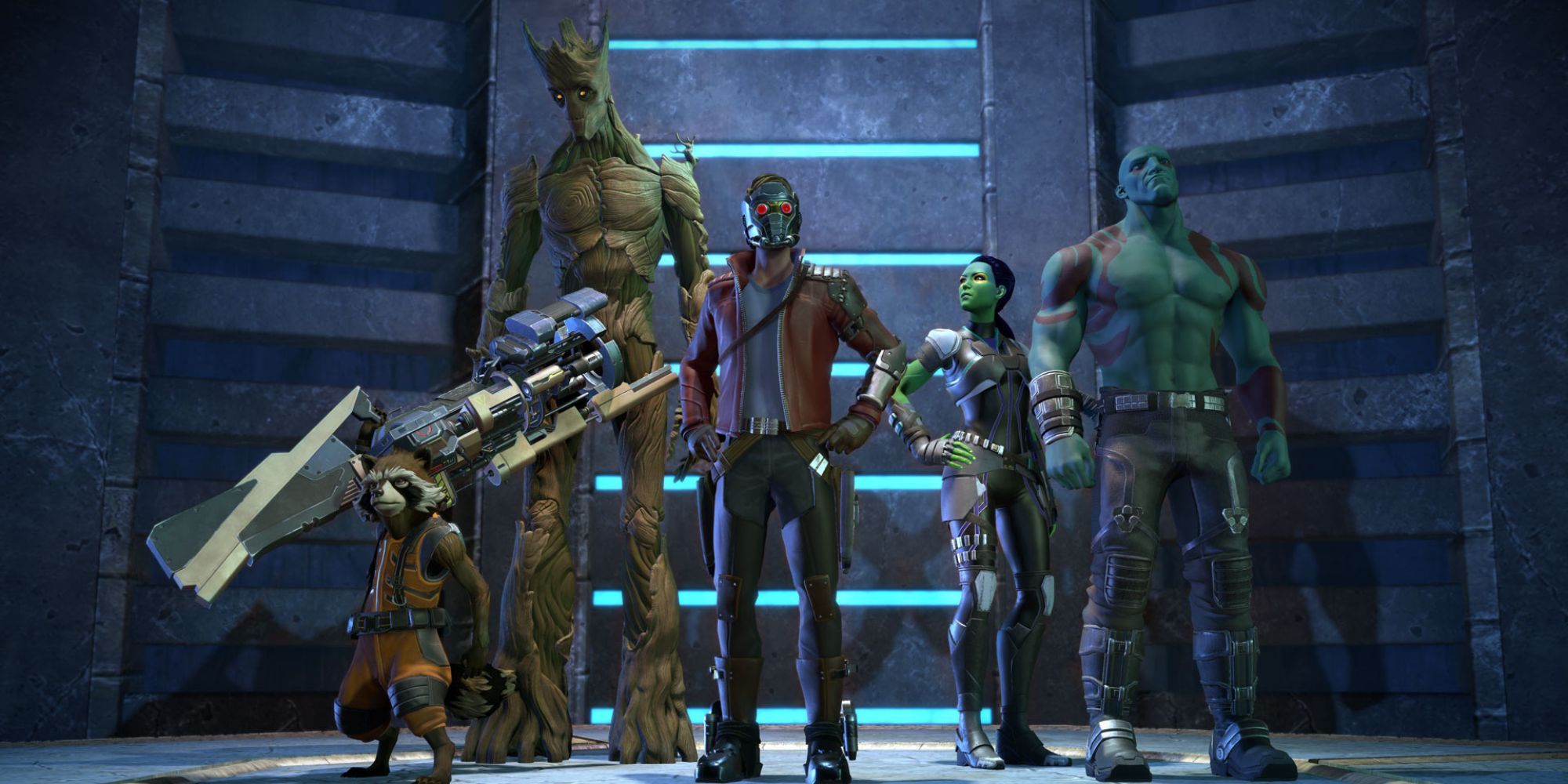 Star-Lord, Rocket, Gamora, Groot, and Drax stand on an elevator