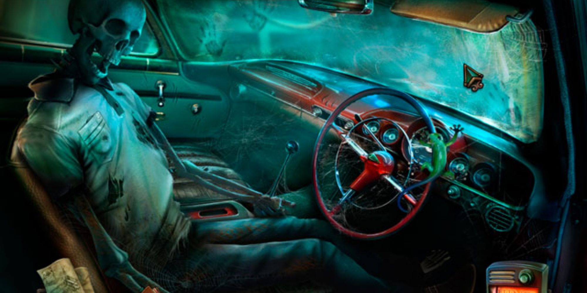 An abandoned car interior including a full skeleton in the seat