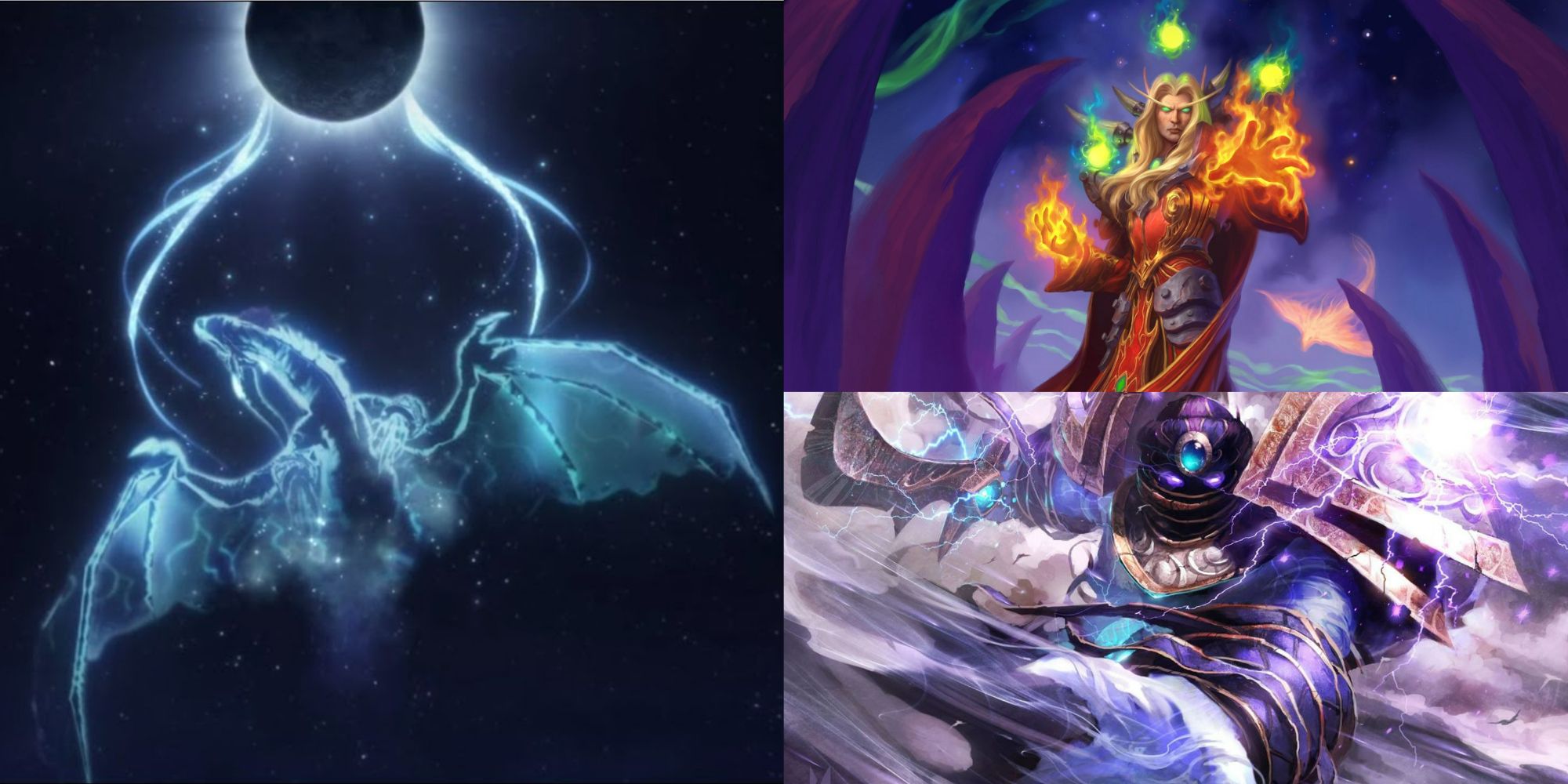 Hearthstone split image of Al'akir and Kael'thas splash arts and World of Warcraft cinematic shot of Ysera as a constellation