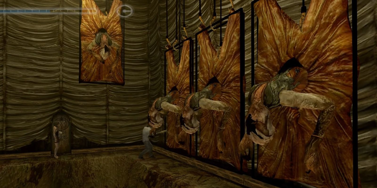 Henry attacking the real enemy among them in Silent Hill 4.