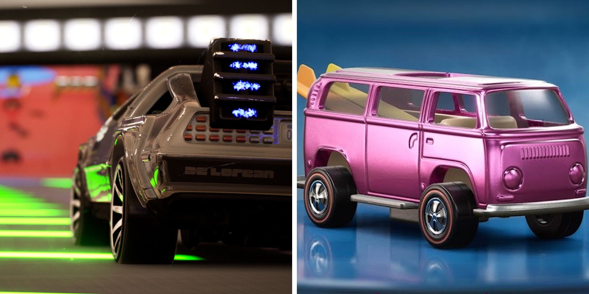 Hot Wheels Unleashed Back to the Future Time Machine on the left and rare Volkswagen Beach Bomb on the right