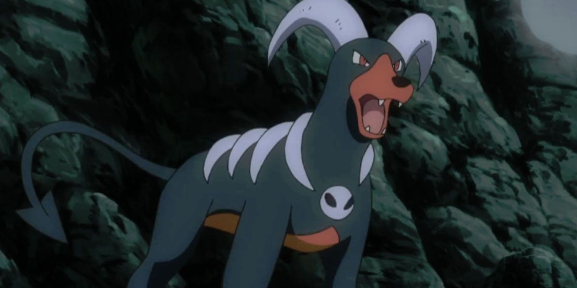 Houndoom roars from the side of a dark mountain