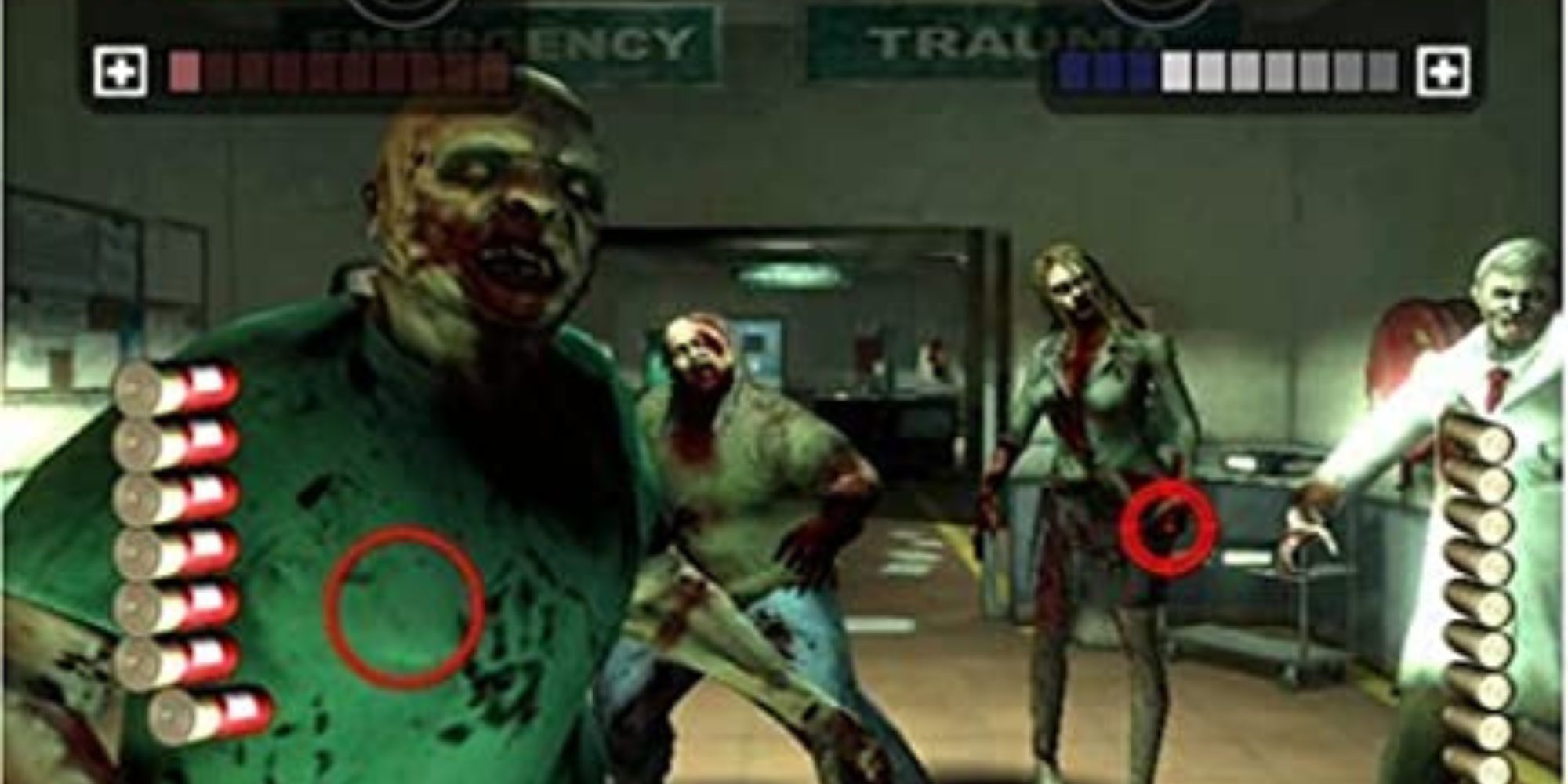 A group of zombies walk down a hallway in a hospital in house of the dead overkill