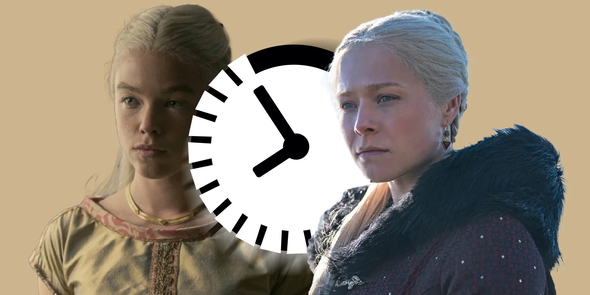 Milly Alcock's Rhaenyra and Emma D'Arcy's Rhaneyra separated by a graphic of a clock.
