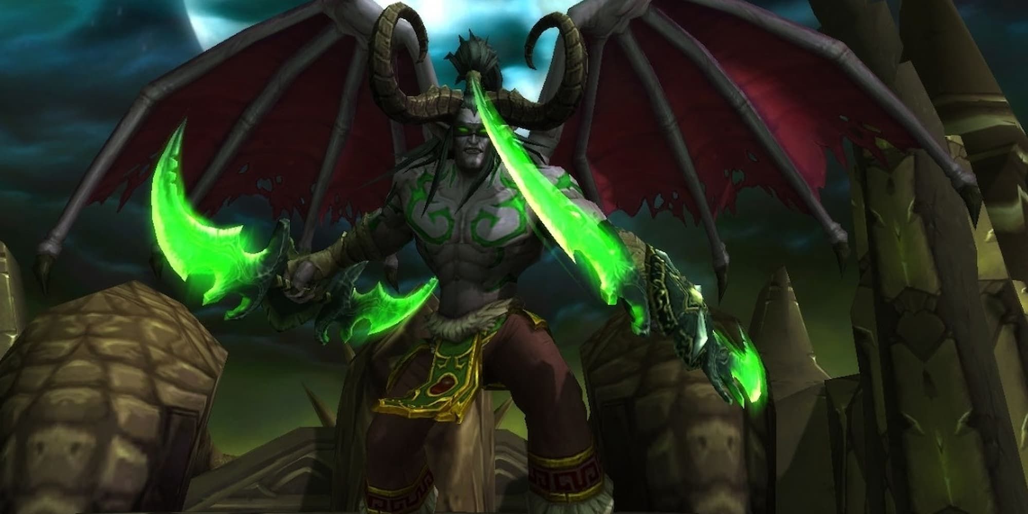 Illidan Stormrage prepares for battle with two green double-bladed swords in World of Warcraft