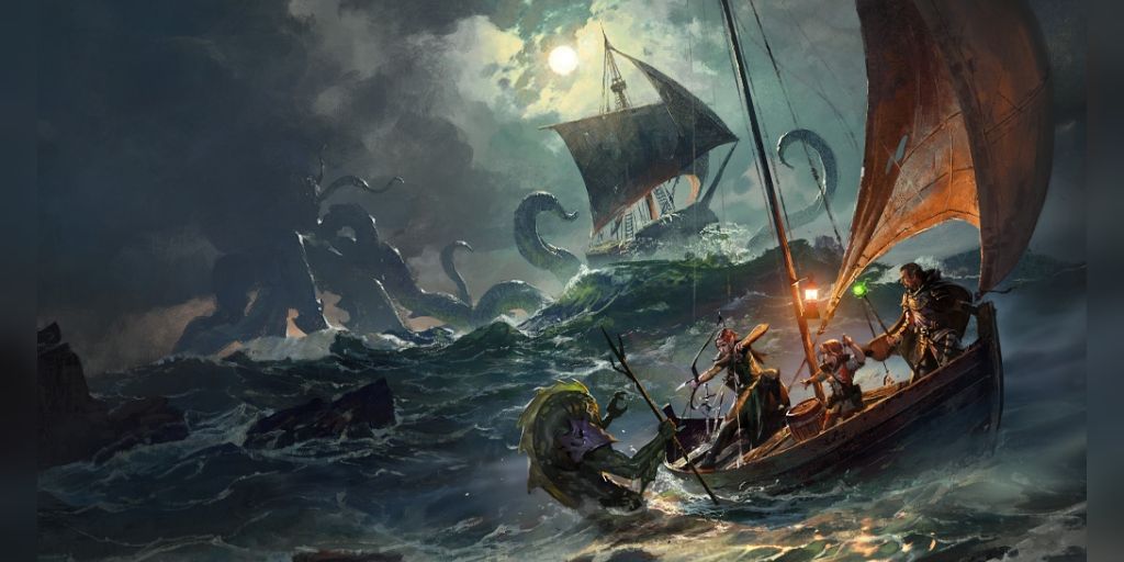 Dungeons and Dragons Ghosts Of Saltmarsh Kraken Ship At Sea During A Storm