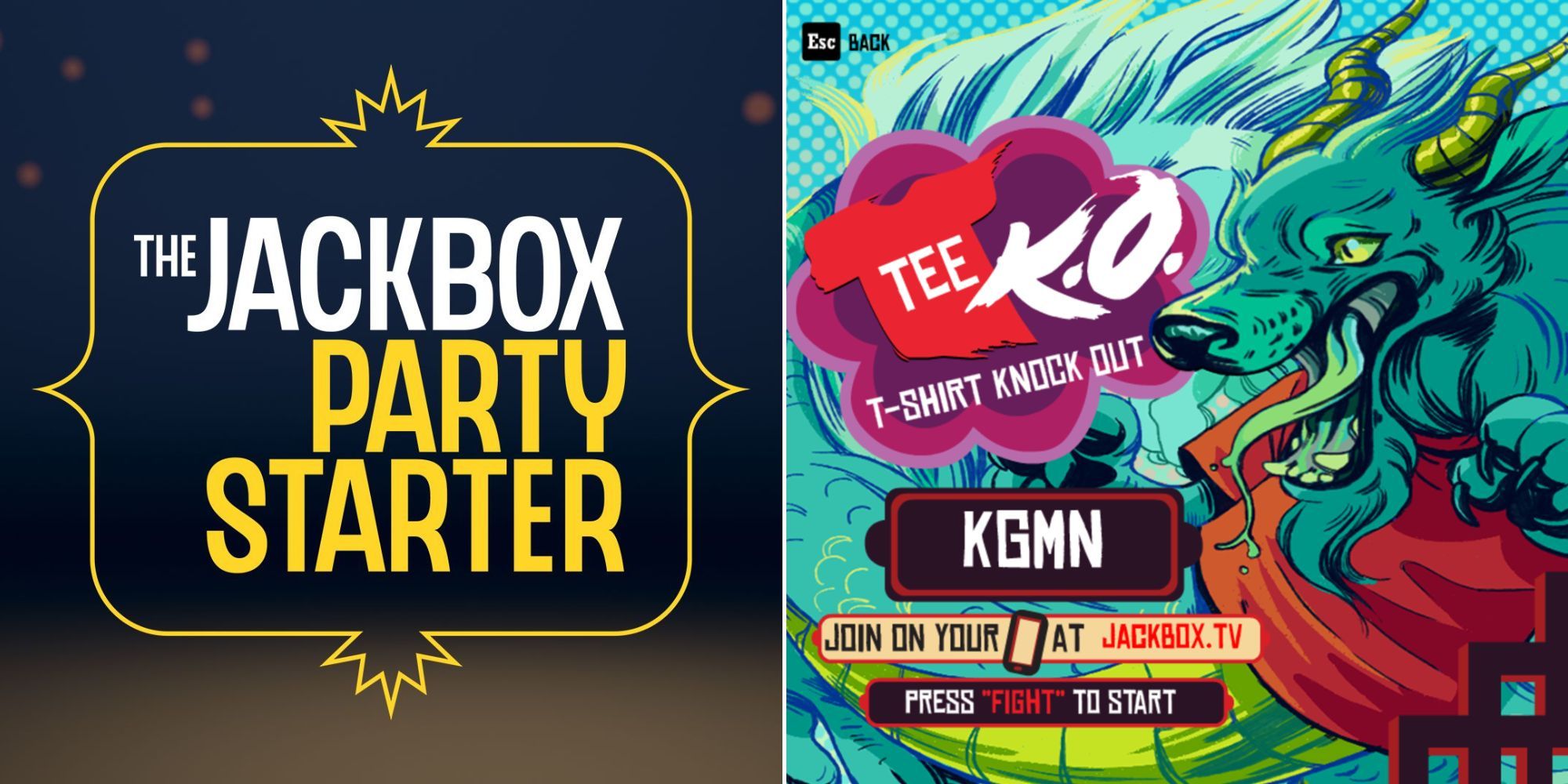 The Jackbox Party Starter Logo and the menu screen for Tee K.O with a dragon wearing a t-shirt.