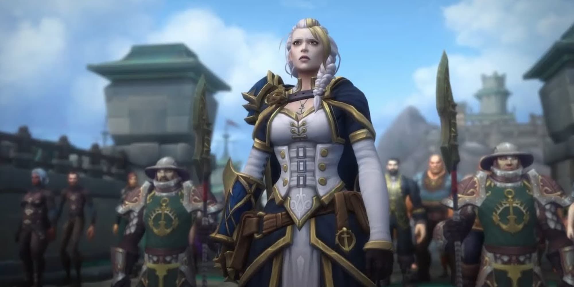 Jaina Proudmoore is centered, looking worried, with soldiers and townsfolk behind her.