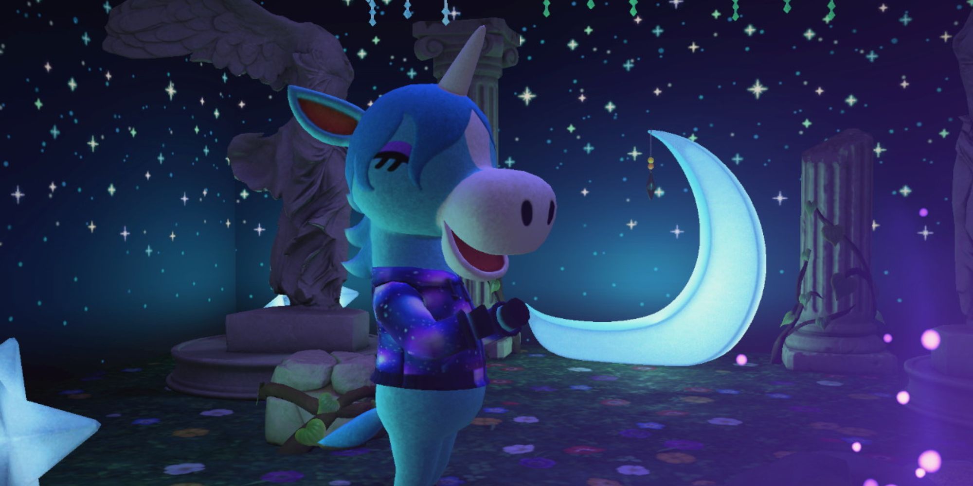 Julian stands by a crescent moon in his house
