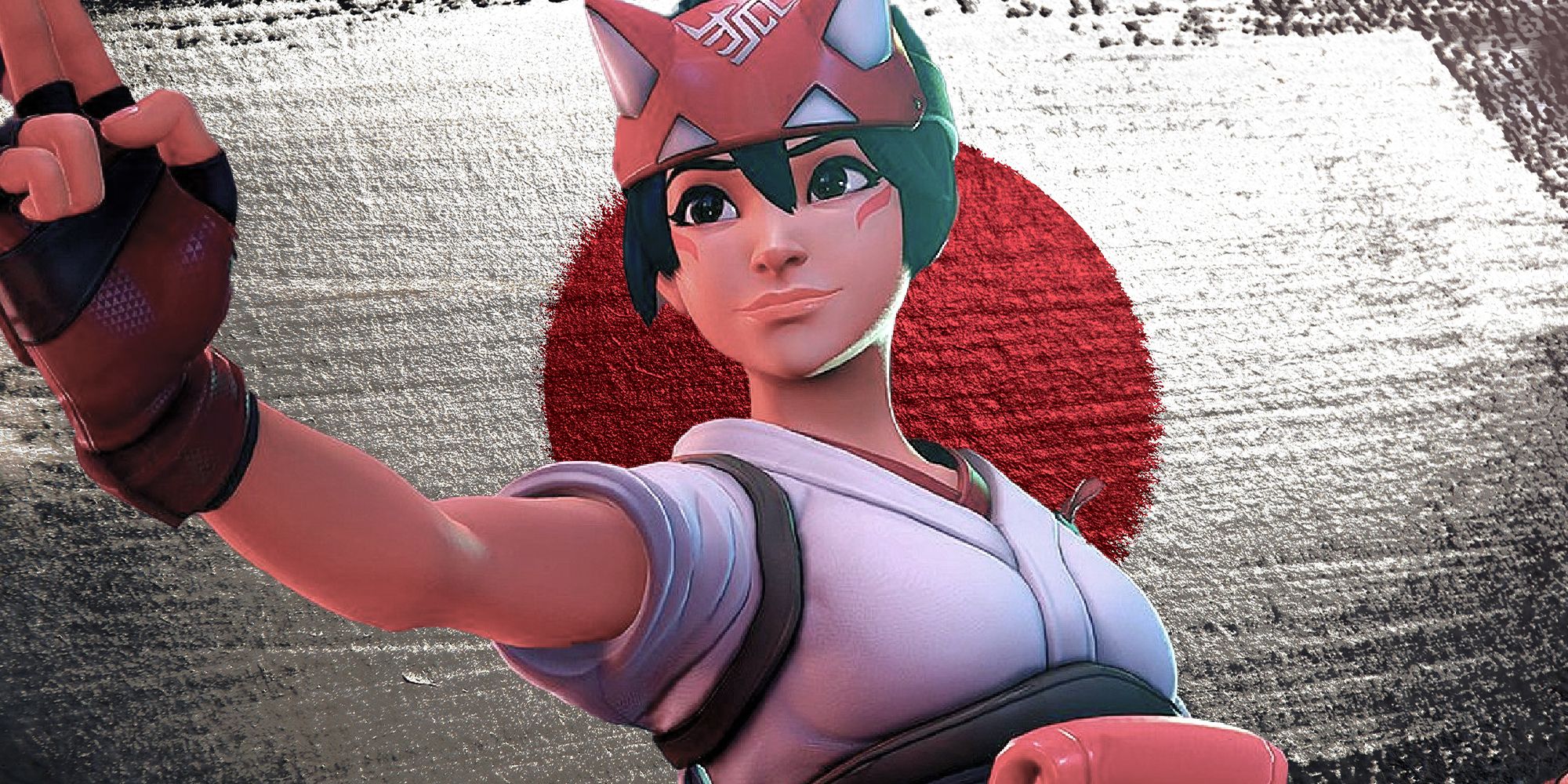 Kiriko from Overwatch 2 with a Japanese flag behind her