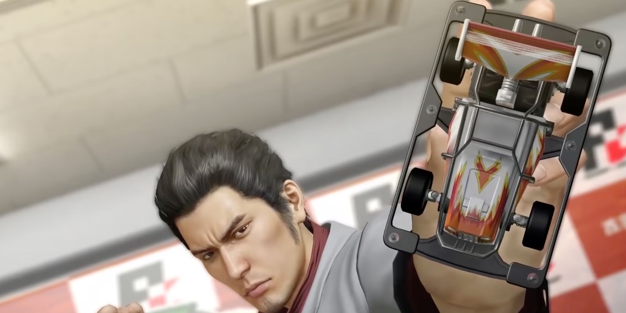 Kiryu Kazuma Holding a Pocket Circuit Fighter Car from Yakuza 0