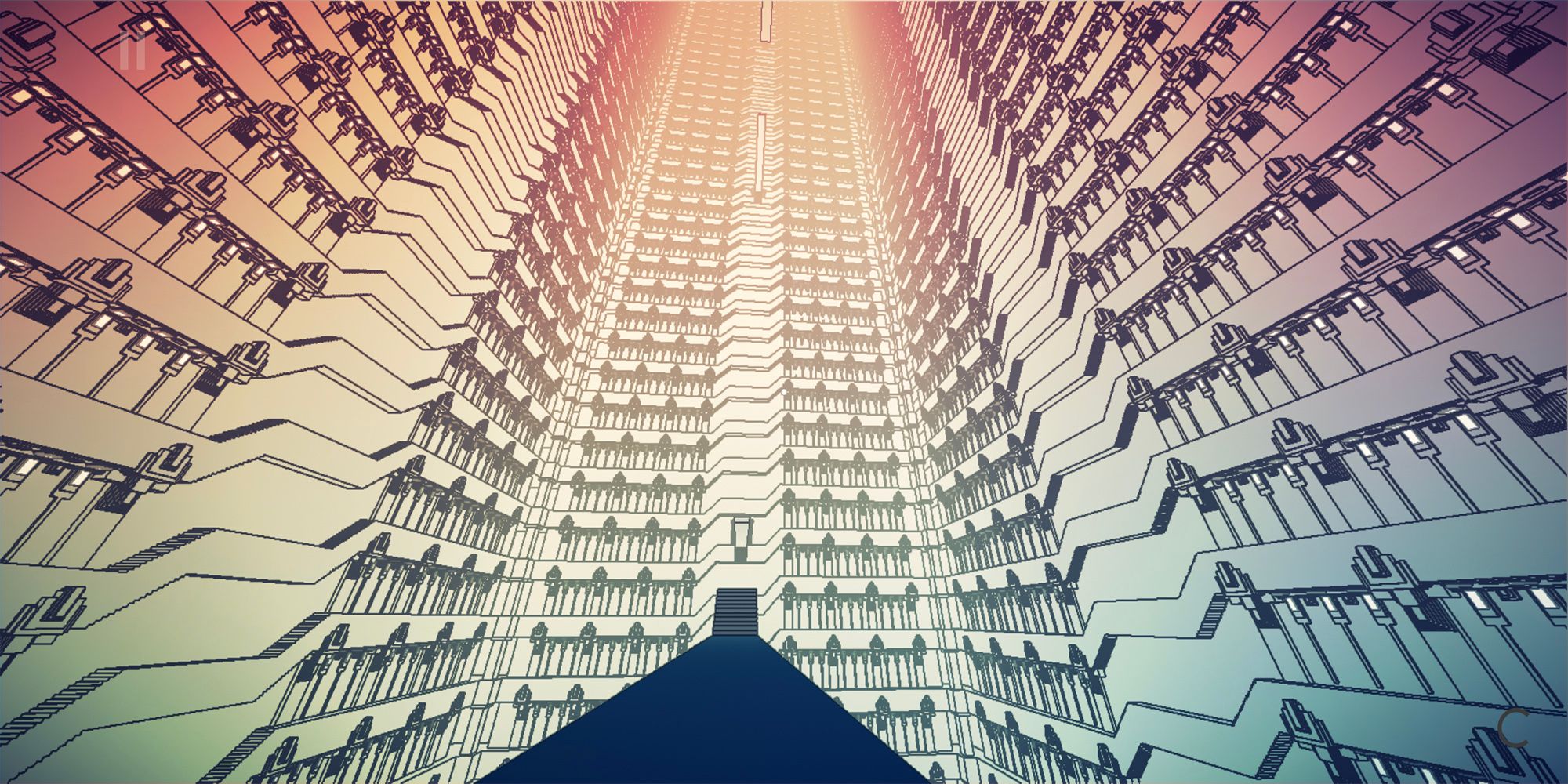 The inner corridor of a large tower in Manifold Garden.