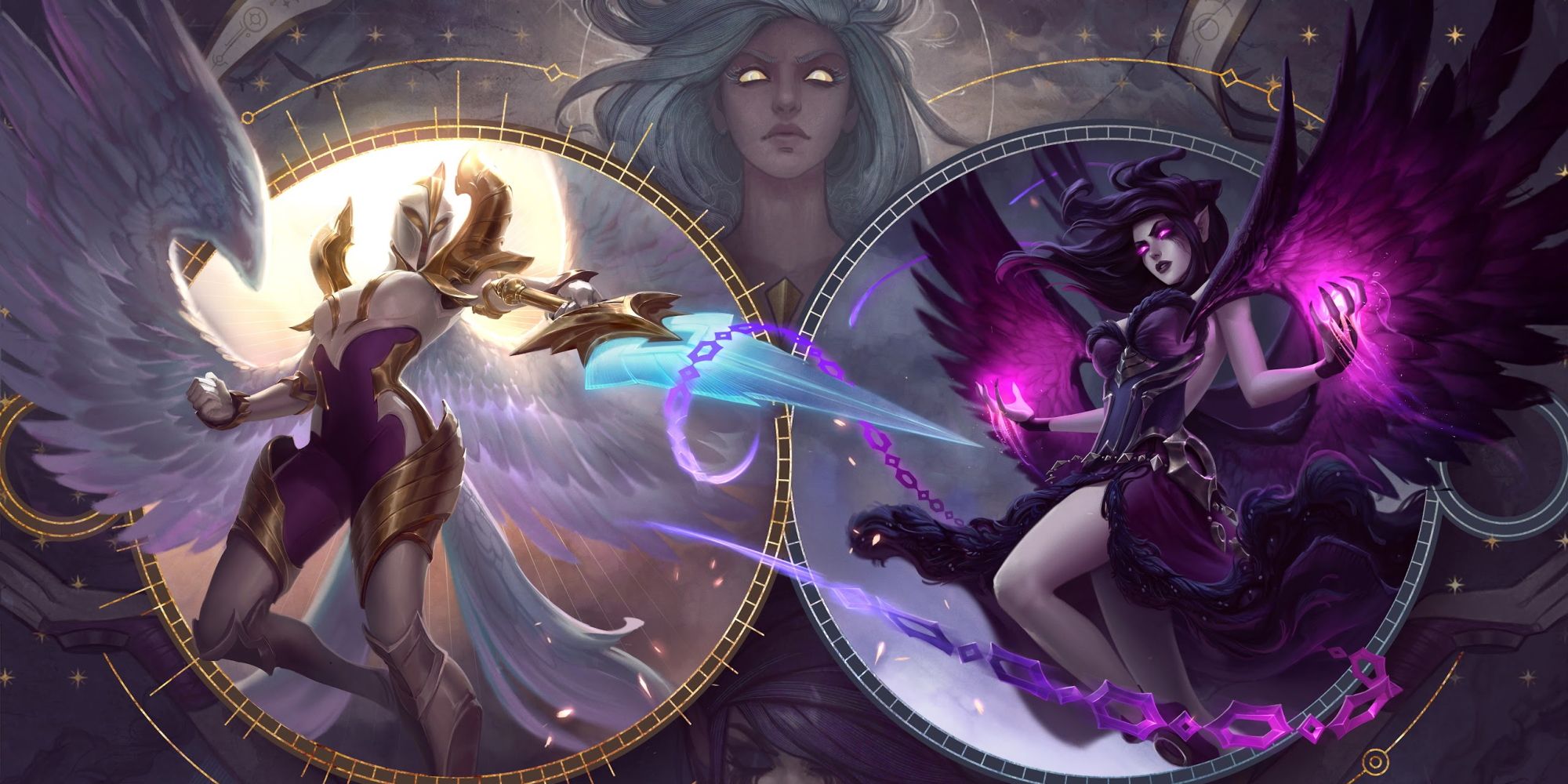 Kayle and Morgana's splash art in League of Legends.