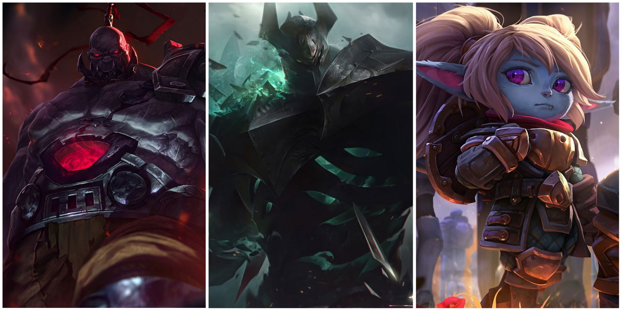 Sion, Mordekaiser, and Poppy's splash arts in League of Legends.