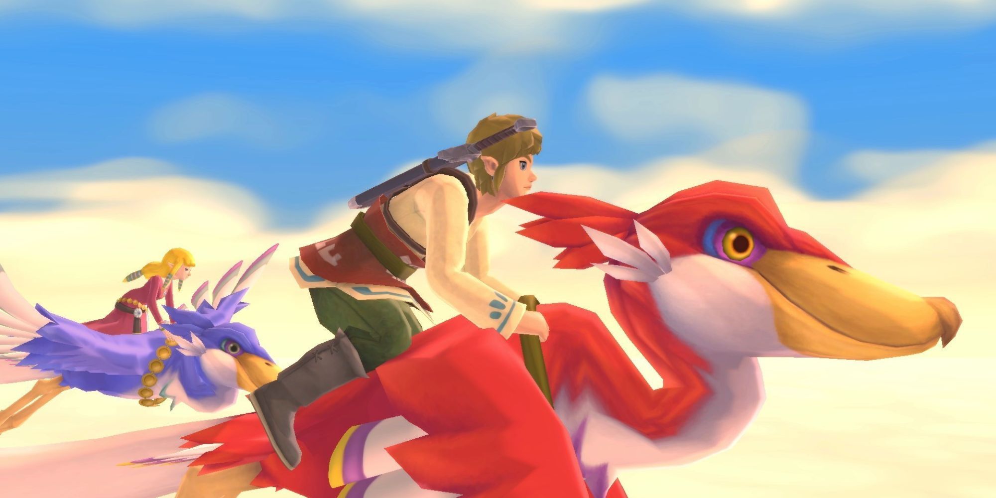 Link and Zelda ride Loftwings together in the sky