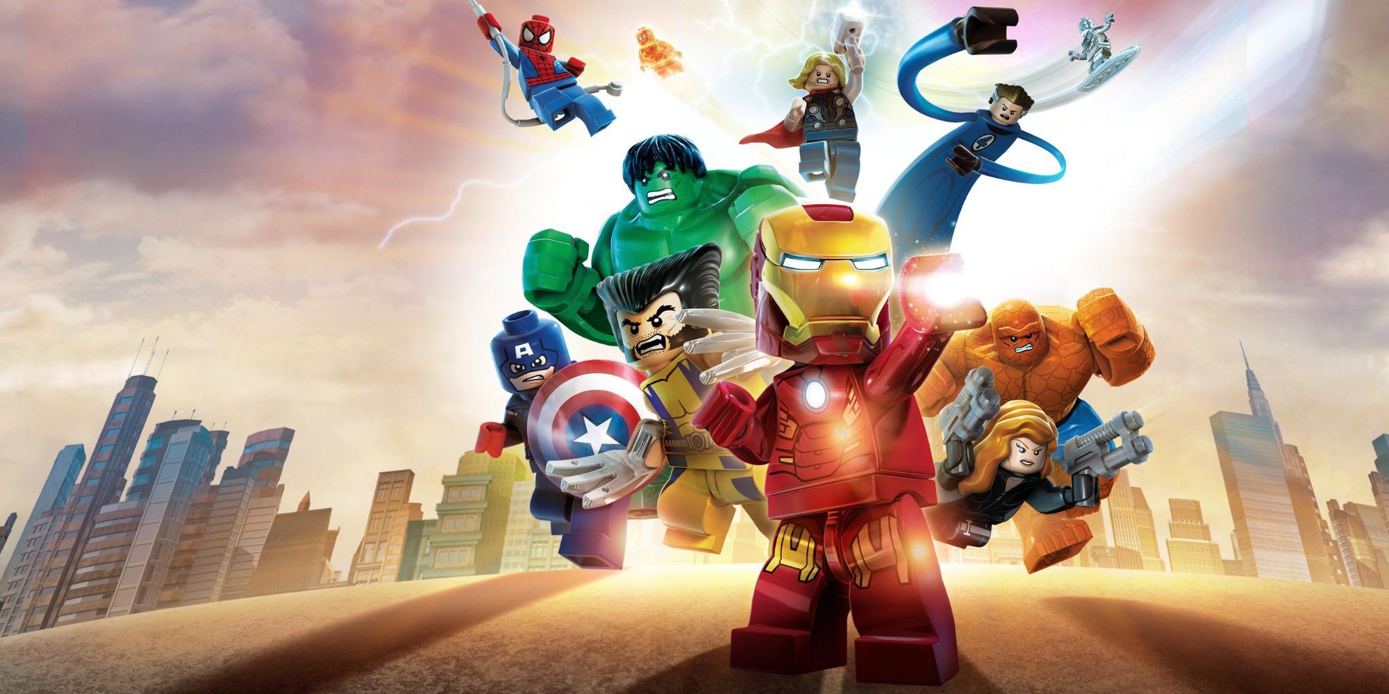 Lego Iron Man, Wolverine, Captain America, Black Widow and more run away from a city
