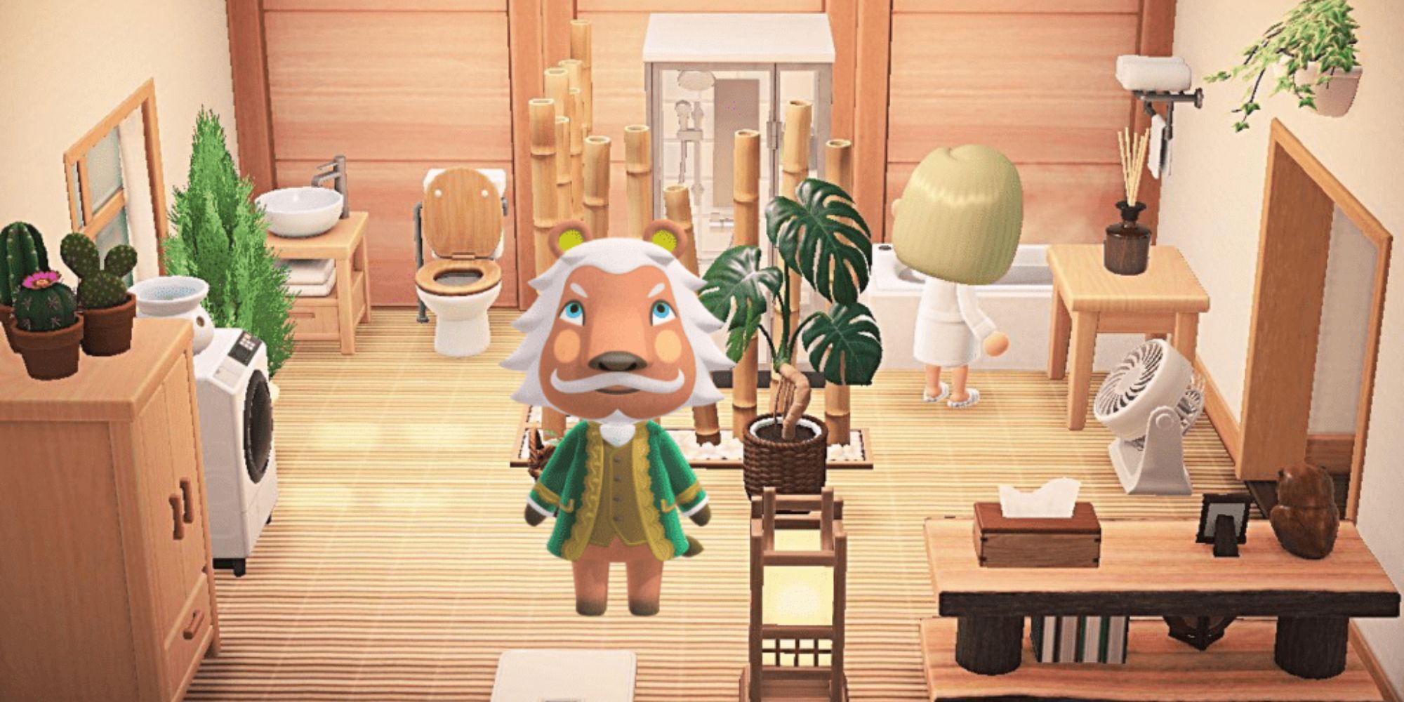 Lionel stands in a house full of furniture as a villager stands by a bathtub