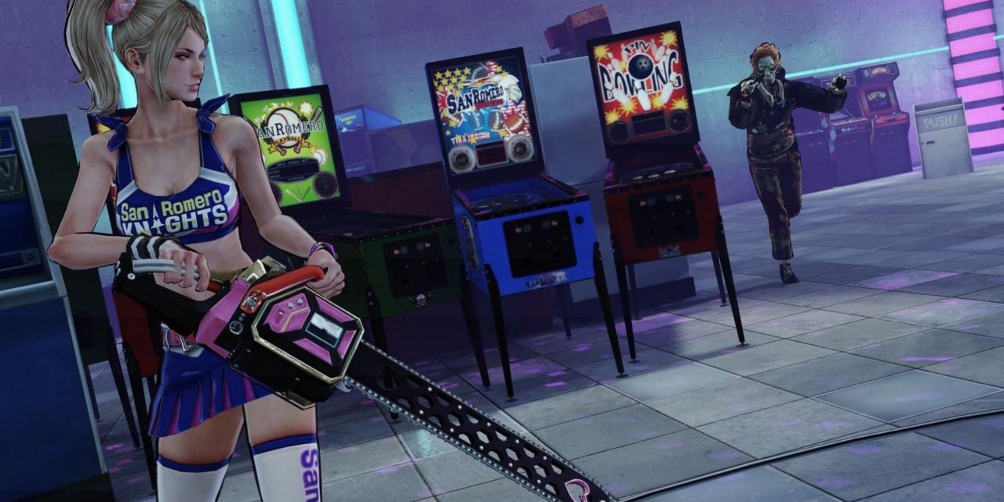 Juliet Starling holds her chainsaw by some pinball machines as an enemy approaches