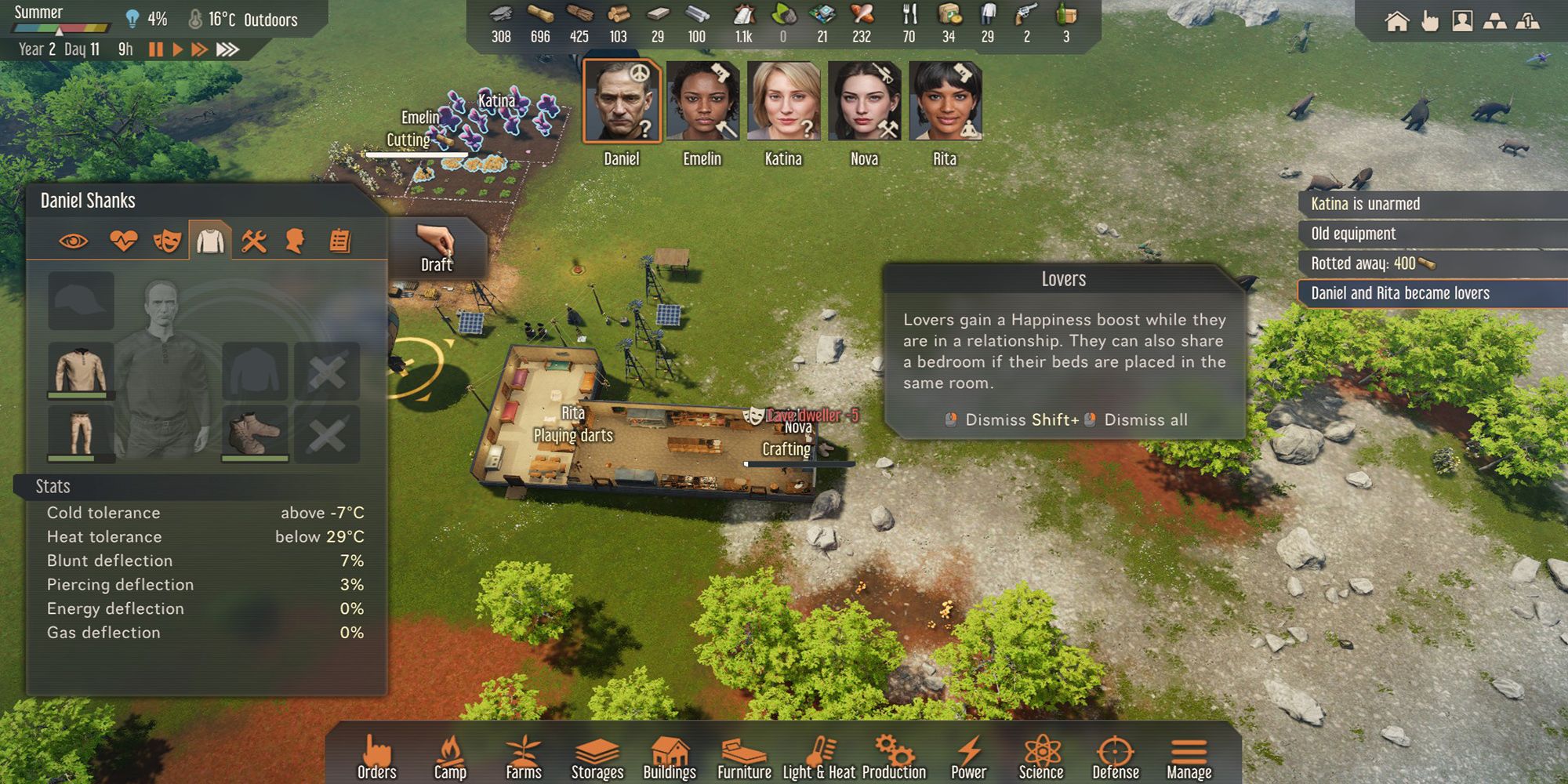 A game UI informs players when two survivors are Lovers in Stranded: Alien Dawn.