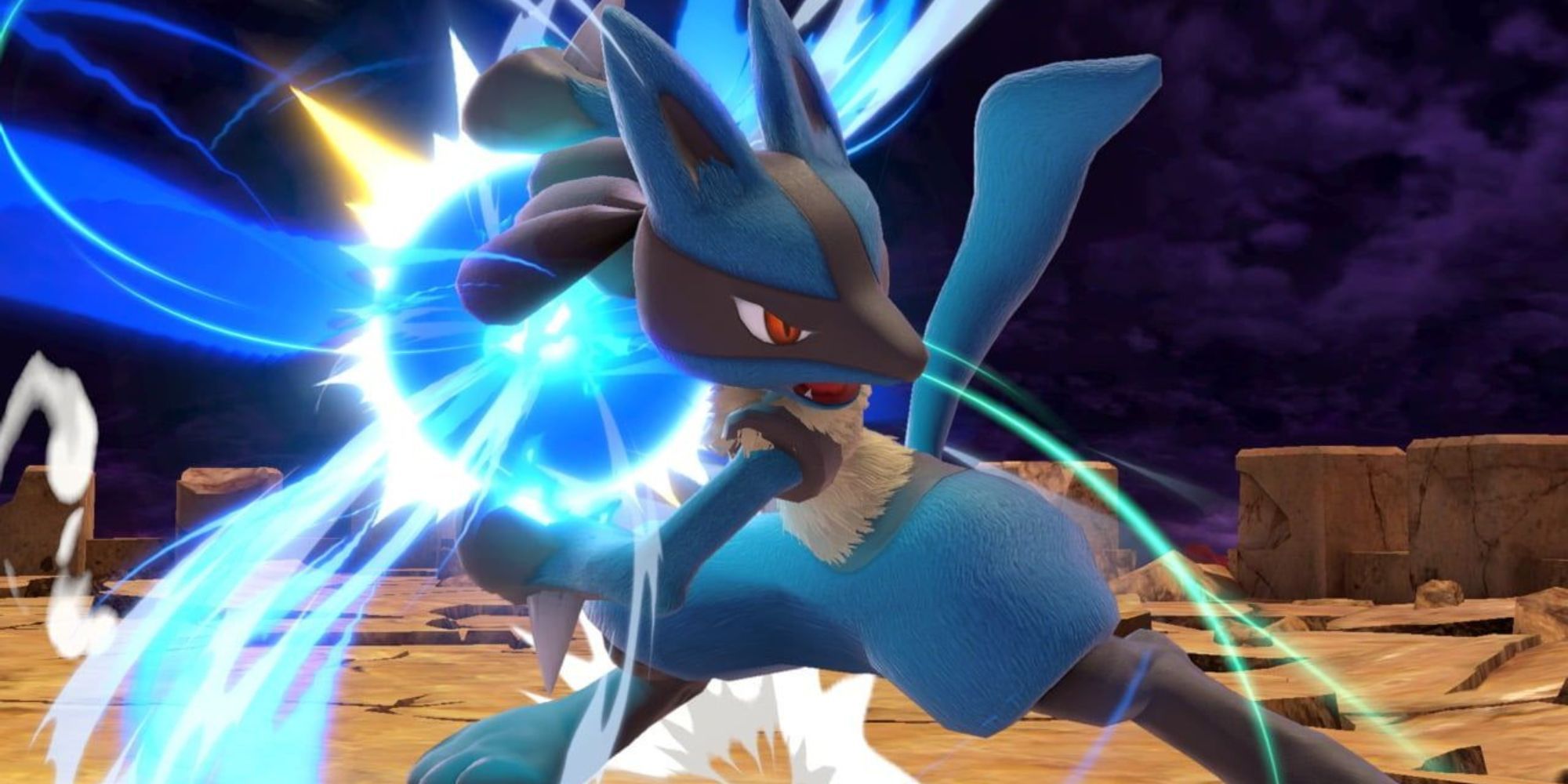 Lucario charges an Aura Sphere attack