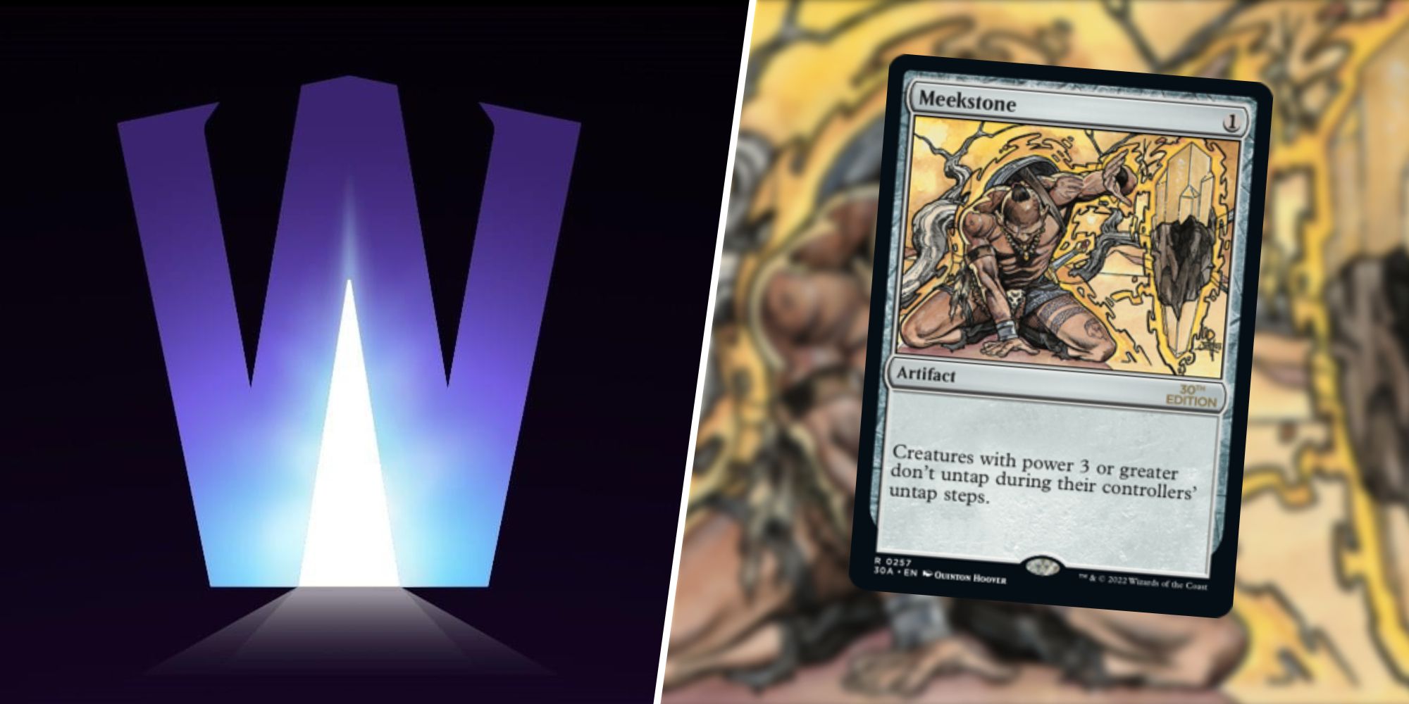 Wizards of the Coast logo next to a Meekstone Card