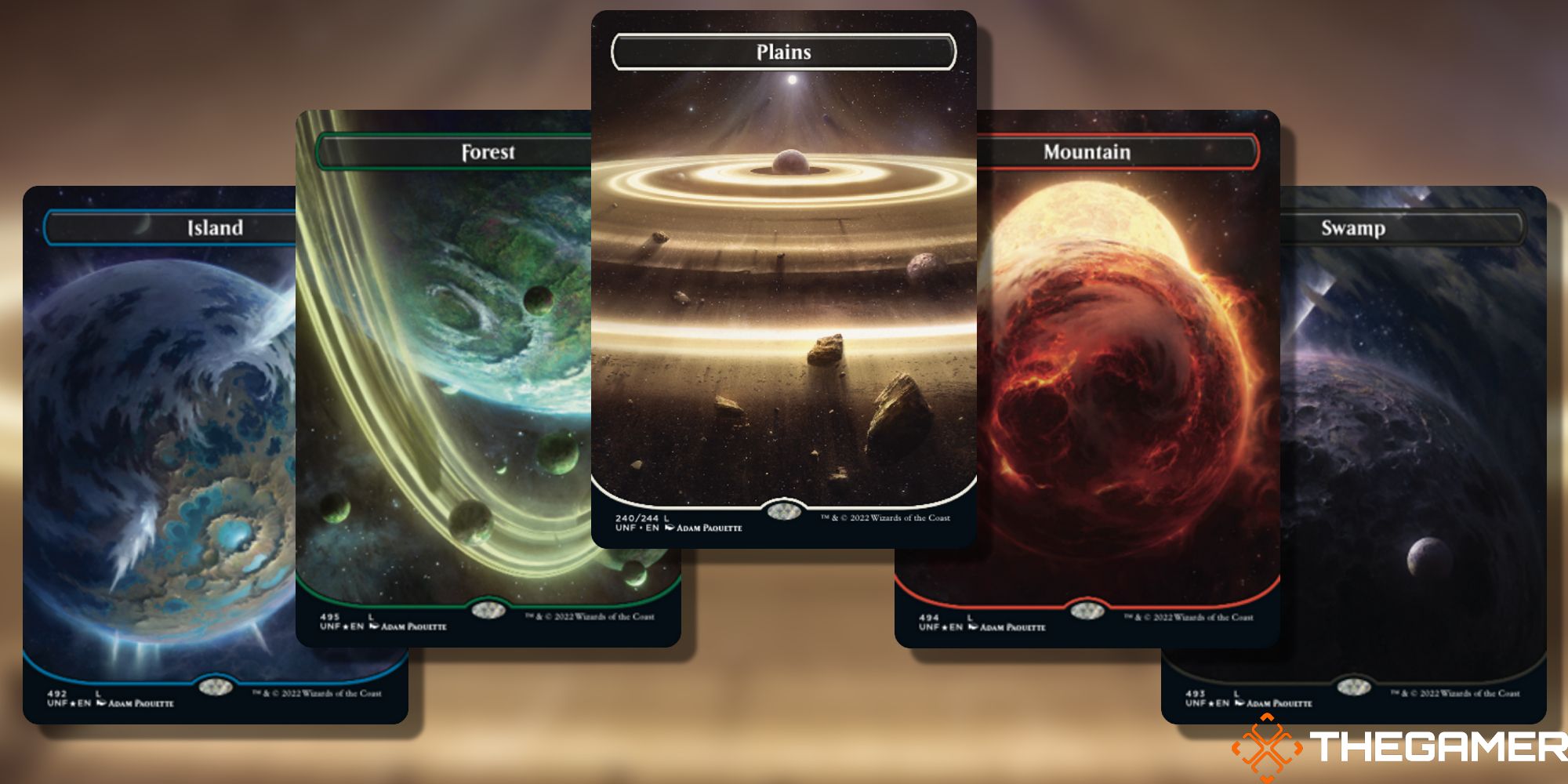 Image of the Basic Lands cards in Magic: The Gathering, with art by Adam Paquette