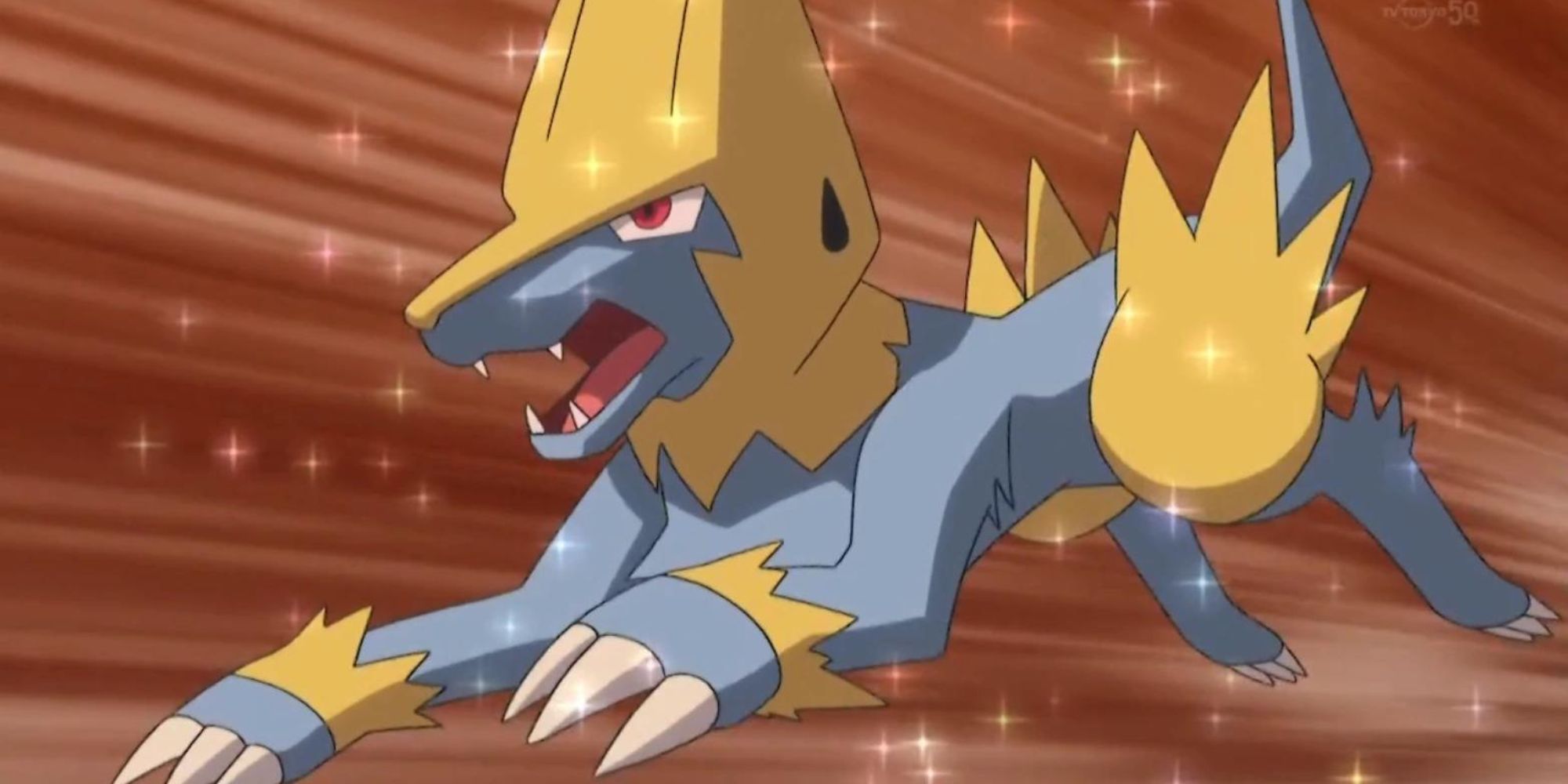 Manectric jumps through the air covered in sparkles
